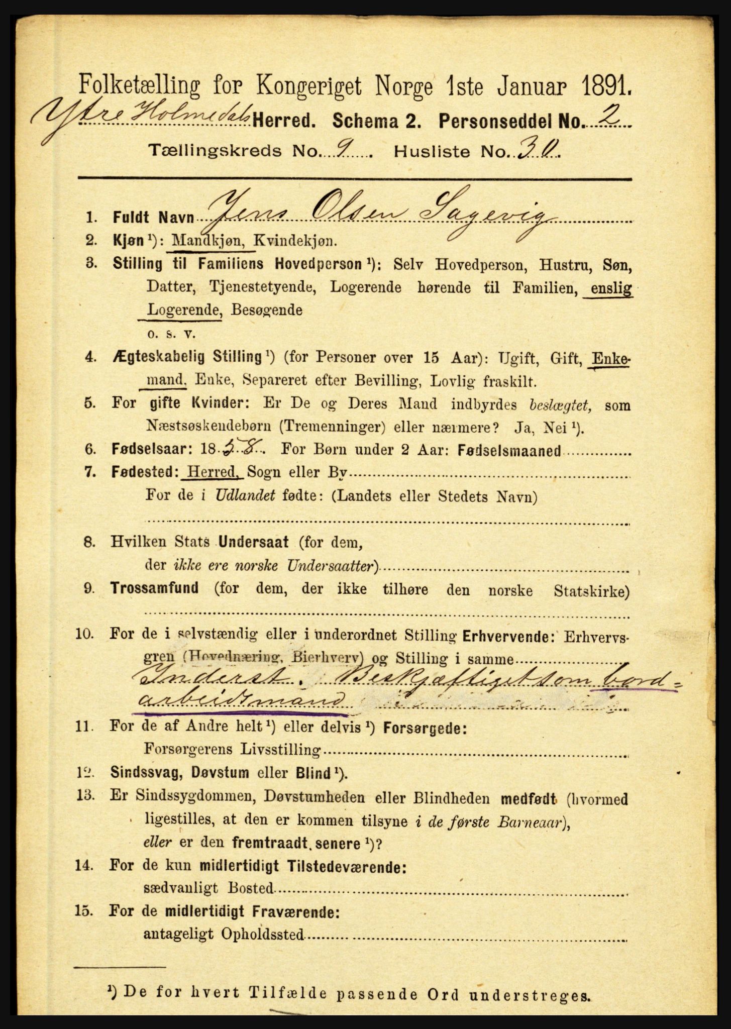 RA, 1891 census for 1429 Ytre Holmedal, 1891, p. 2225