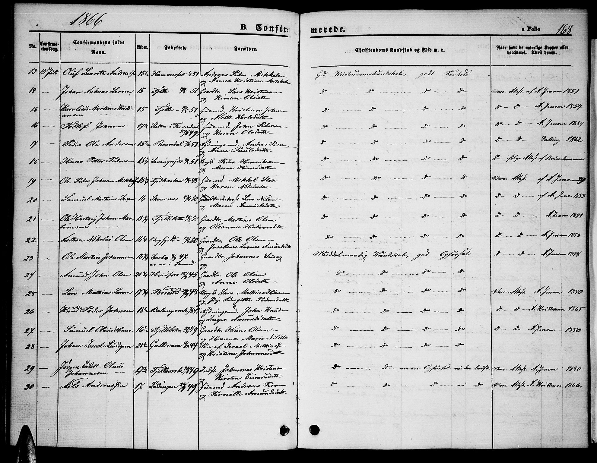 Ministerialprotokoller, klokkerbøker og fødselsregistre - Nordland, AV/SAT-A-1459/863/L0912: Parish register (copy) no. 863C02, 1858-1876, p. 168