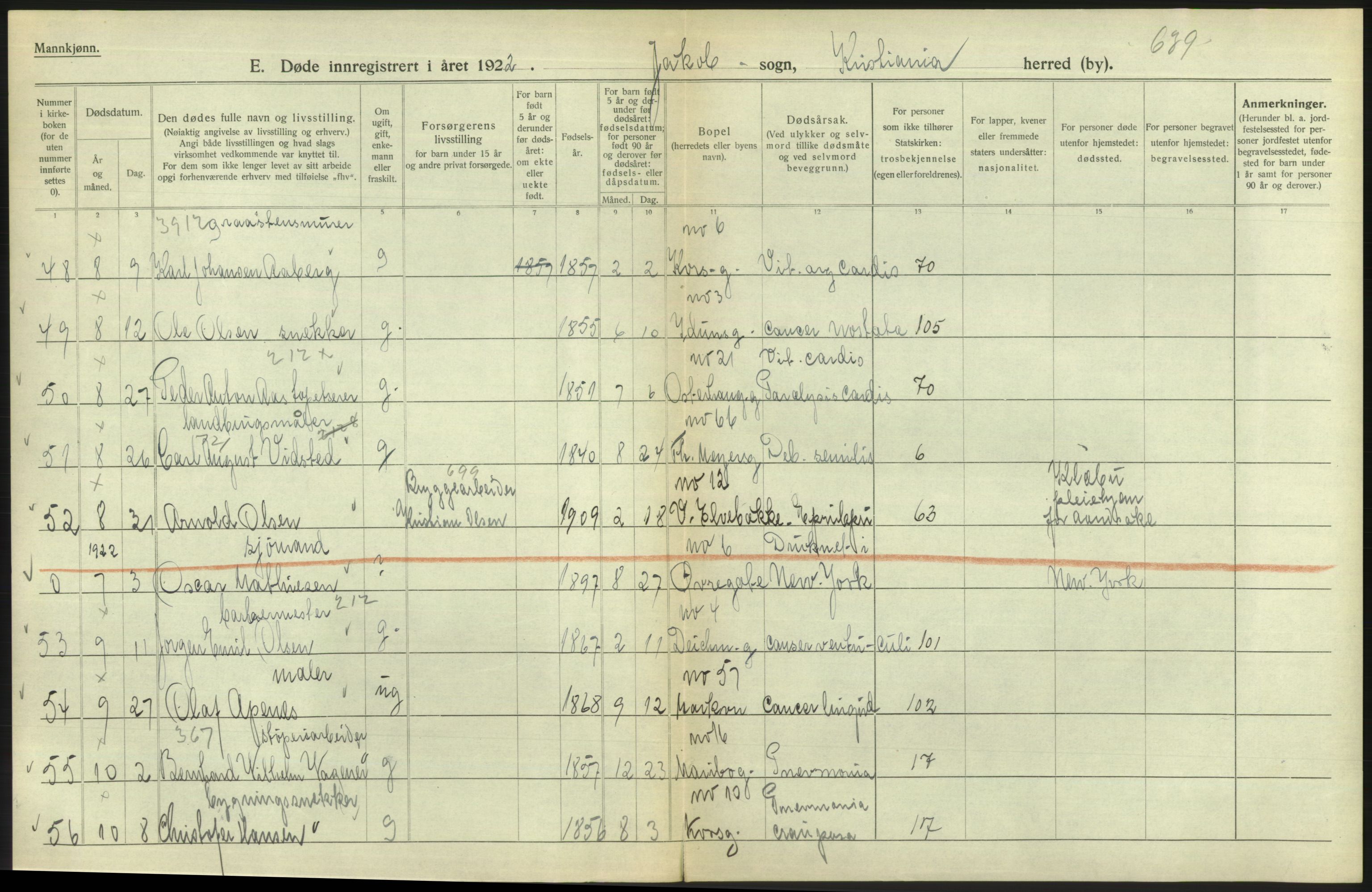 Statistisk sentralbyrå, Sosiodemografiske emner, Befolkning, AV/RA-S-2228/D/Df/Dfc/Dfcb/L0009: Kristiania: Døde, 1922, p. 222