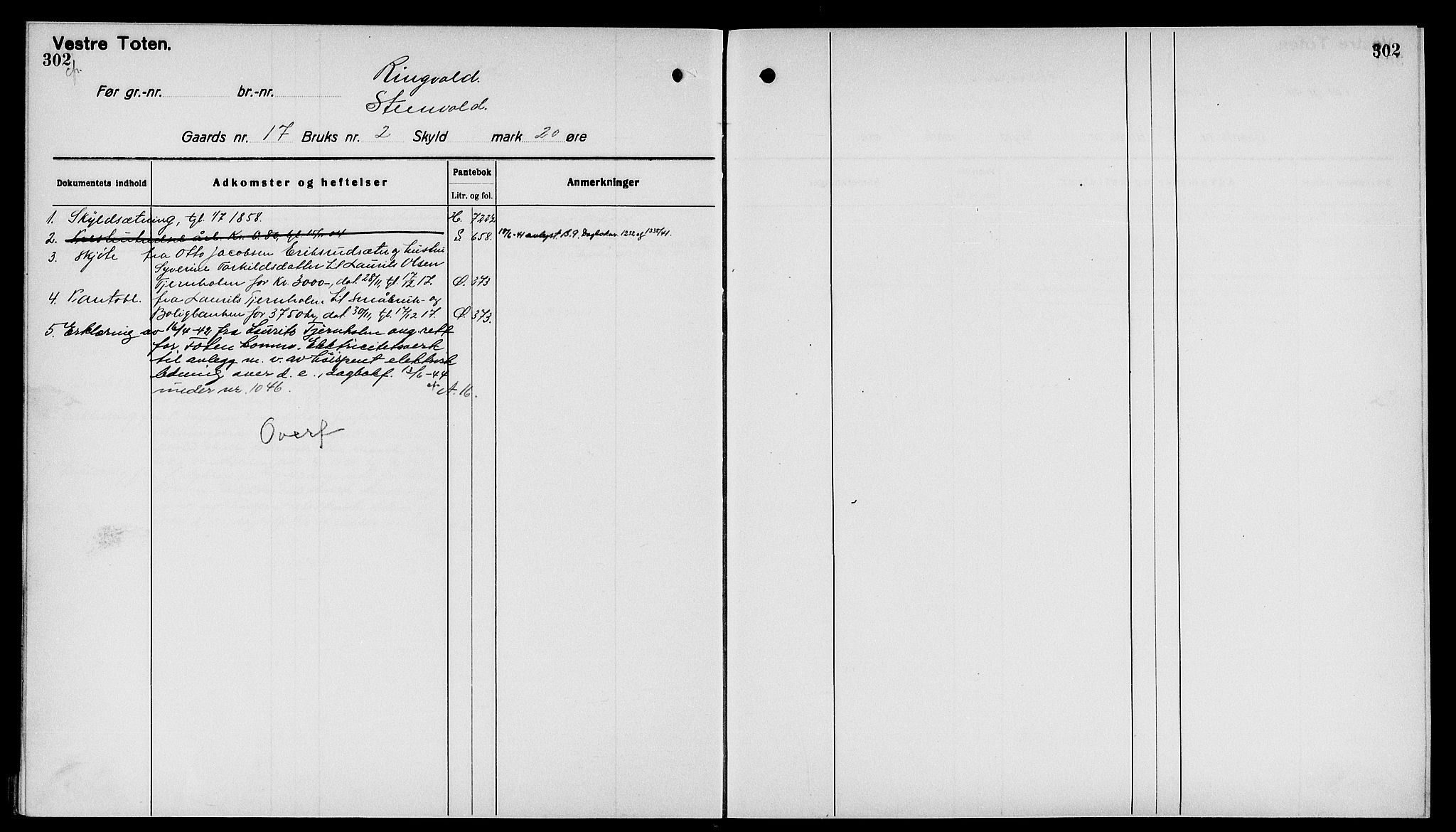Toten tingrett, SAH/TING-006/H/Ha/Haa/L0040: Mortgage register no. 40, 1925, p. 302