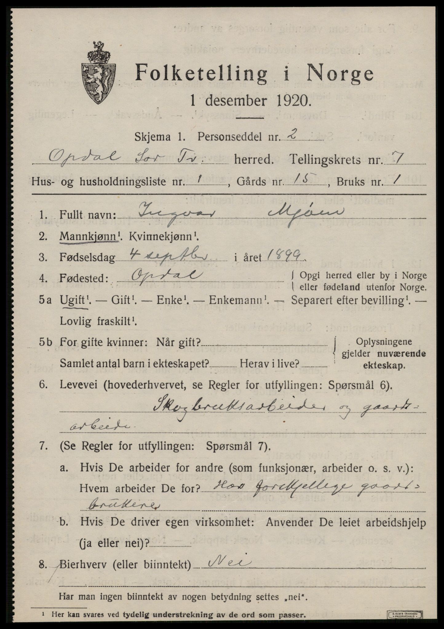 SAT, 1920 census for Oppdal, 1920, p. 5701