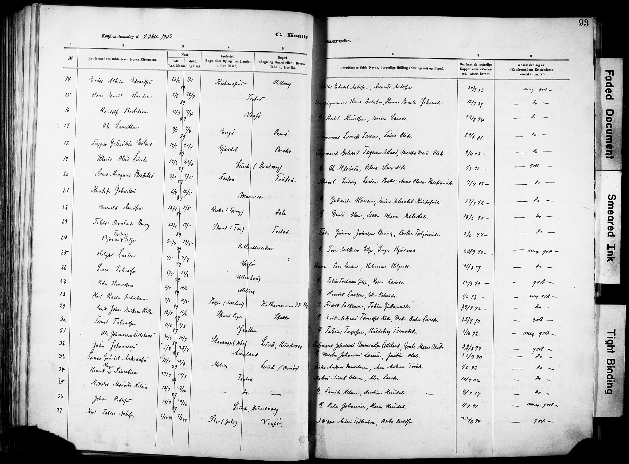 Hetland sokneprestkontor, SAST/A-101826/30/30BA/L0012: Parish register (official) no. A 12, 1882-1912, p. 93