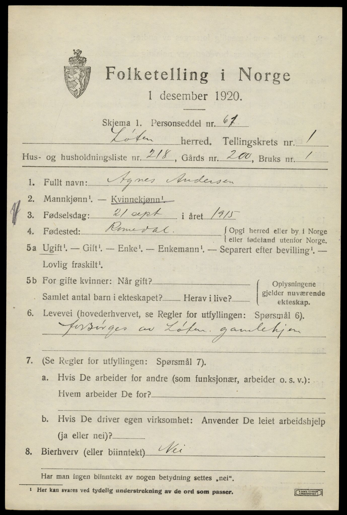 SAH, 1920 census for Løten, 1920, p. 4953