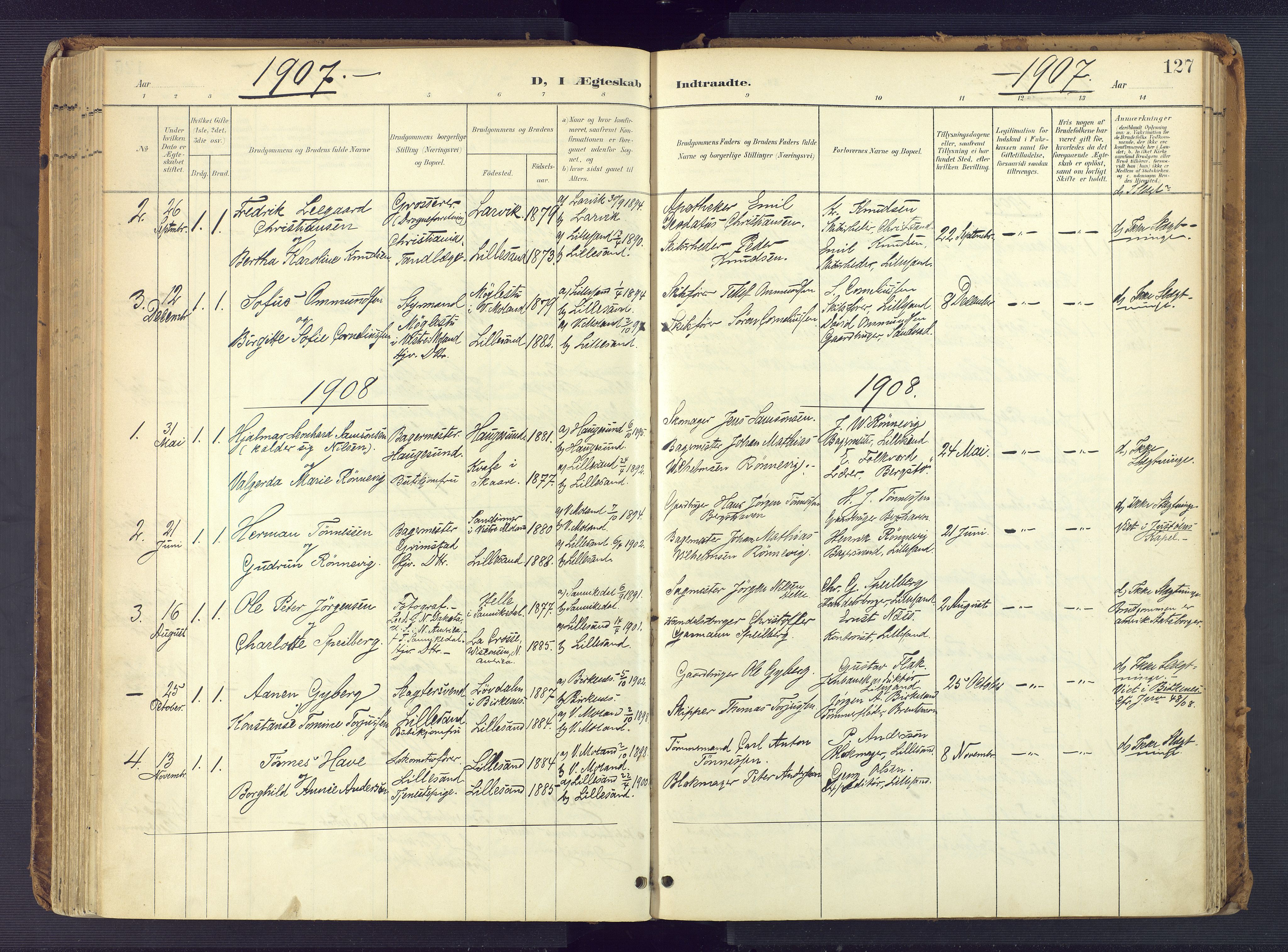 Vestre Moland sokneprestkontor, AV/SAK-1111-0046/F/Fa/Faa/L0002: Parish register (official) no. A 2, 1900-1926, p. 127