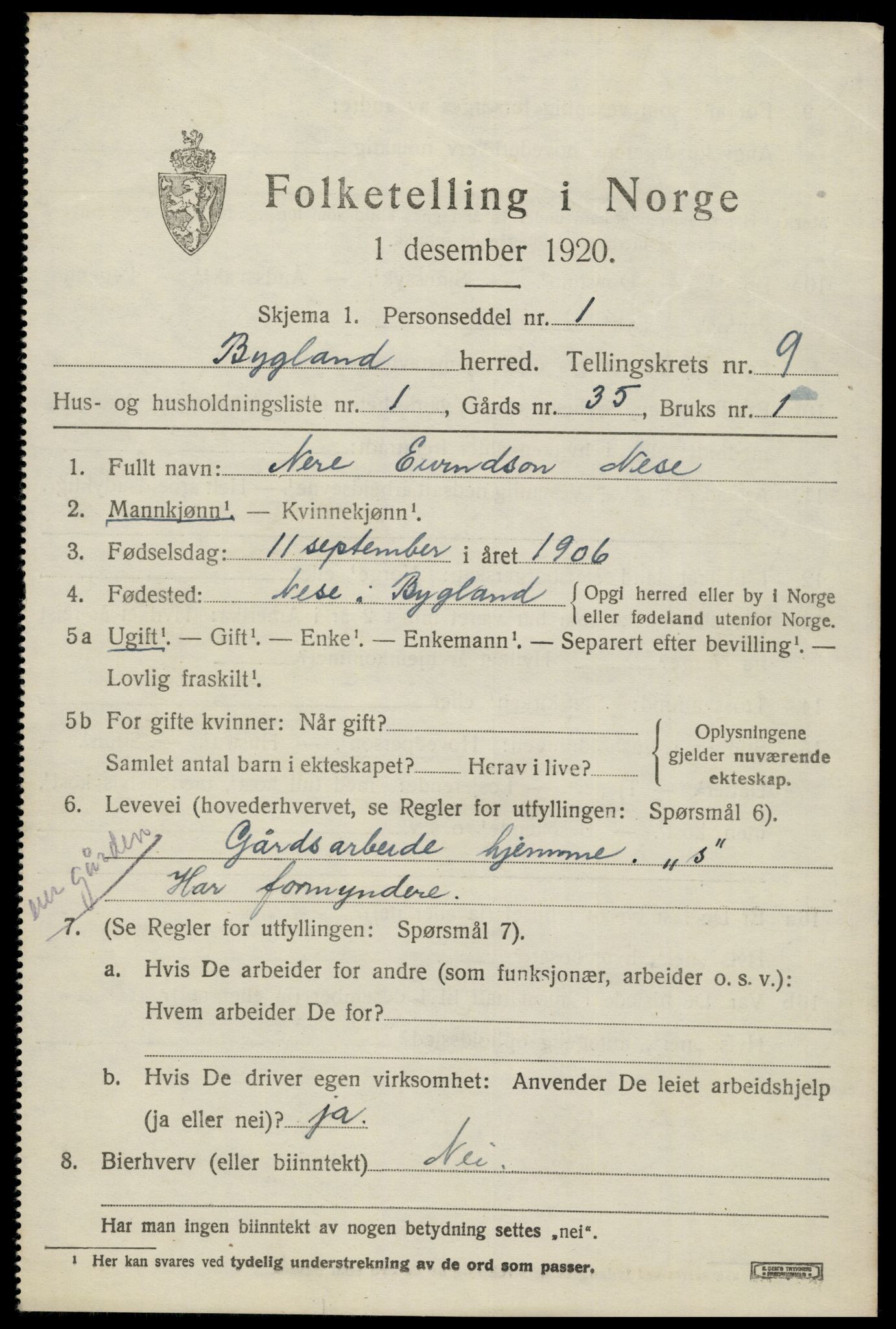 SAK, 1920 census for Bygland, 1920, p. 3089