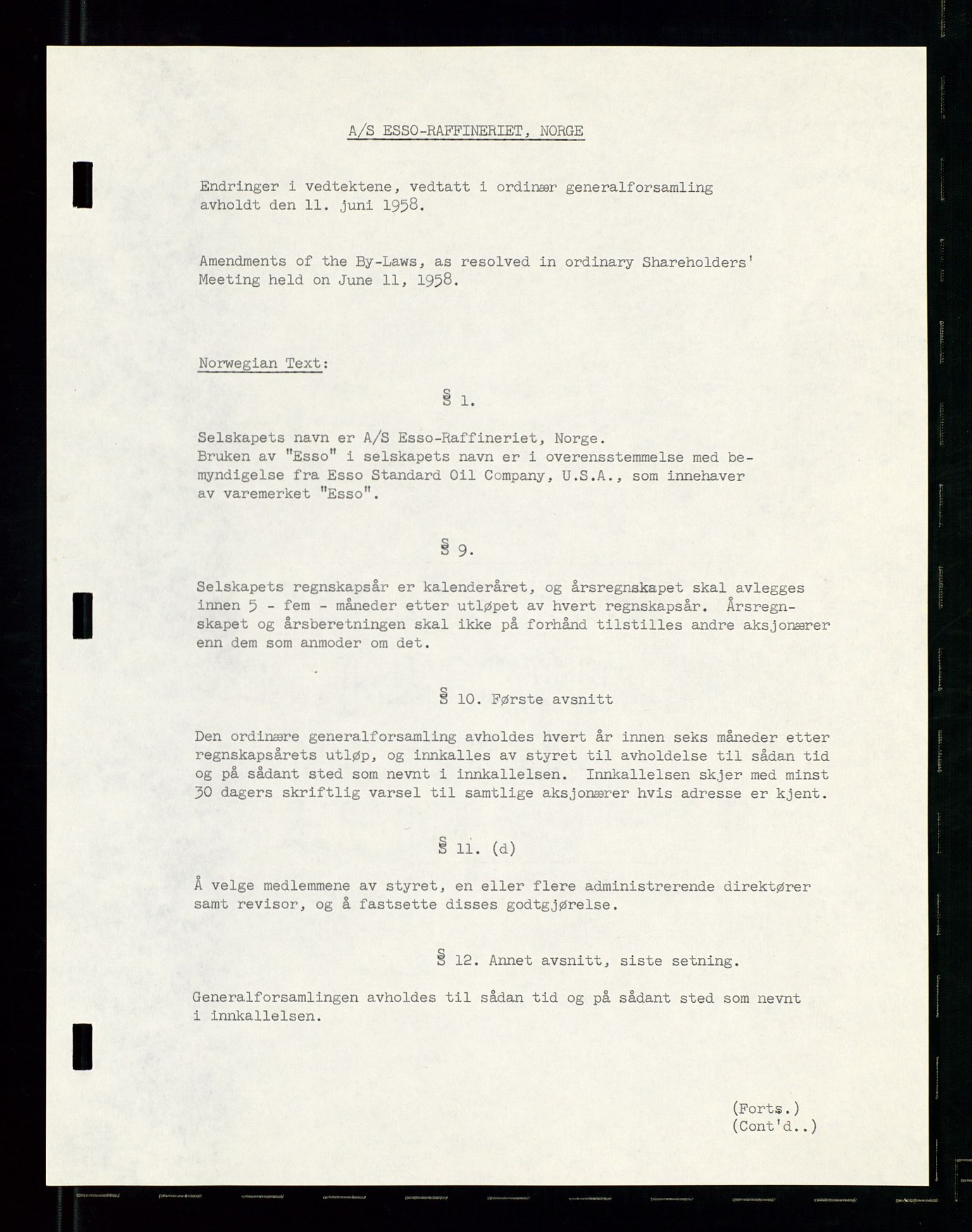 PA 1537 - A/S Essoraffineriet Norge, AV/SAST-A-101957/A/Aa/L0001/0002: Styremøter / Shareholder meetings, board meetings, by laws (vedtekter), 1957-1960, p. 91