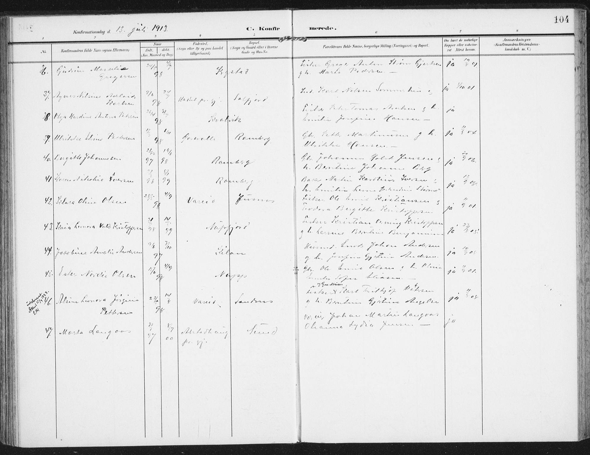 Ministerialprotokoller, klokkerbøker og fødselsregistre - Nordland, SAT/A-1459/885/L1206: Parish register (official) no. 885A07, 1905-1915, p. 104