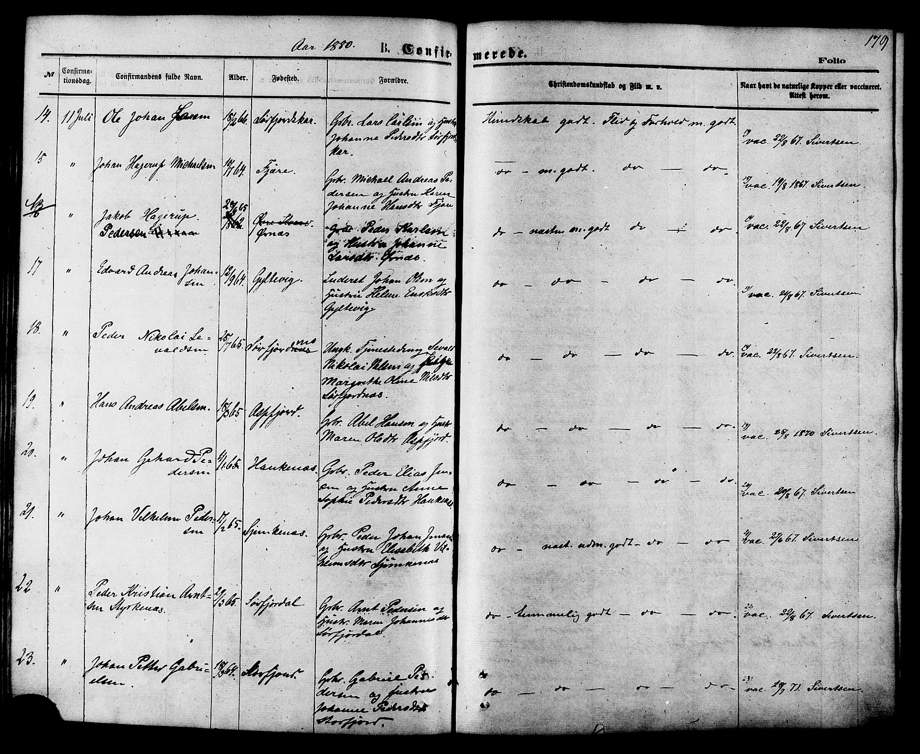 Ministerialprotokoller, klokkerbøker og fødselsregistre - Nordland, SAT/A-1459/853/L0771: Parish register (official) no. 853A10, 1870-1881, p. 179
