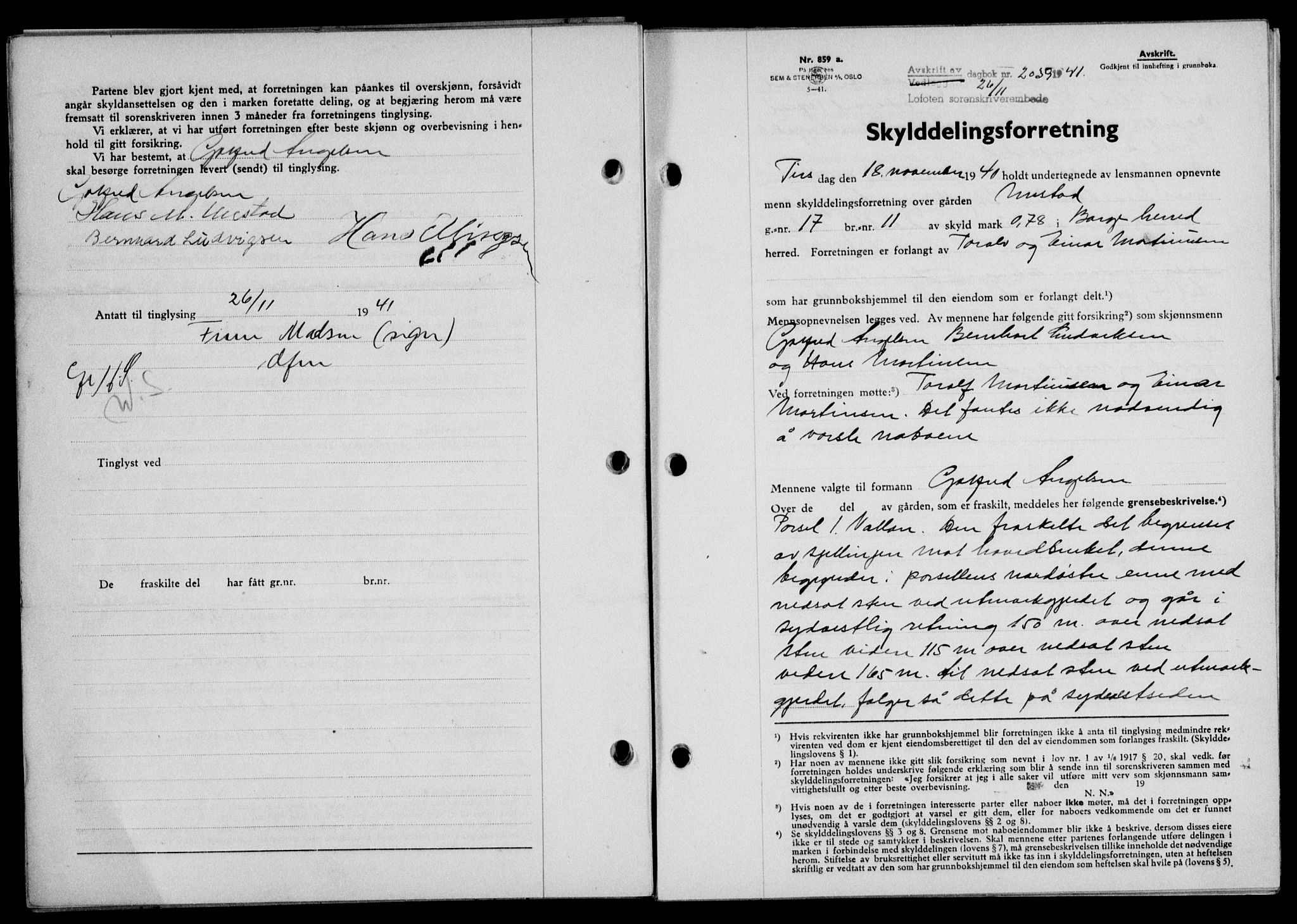 Lofoten sorenskriveri, SAT/A-0017/1/2/2C/L0009a: Mortgage book no. 9a, 1941-1942, Diary no: : 2039/1941