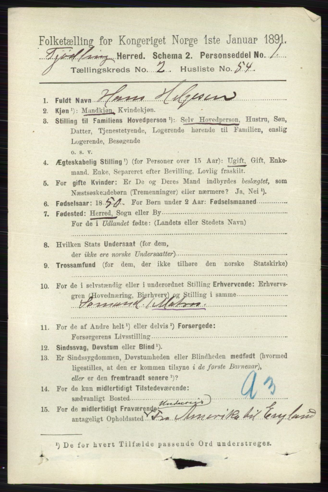 RA, 1891 census for 0725 Tjølling, 1891, p. 821