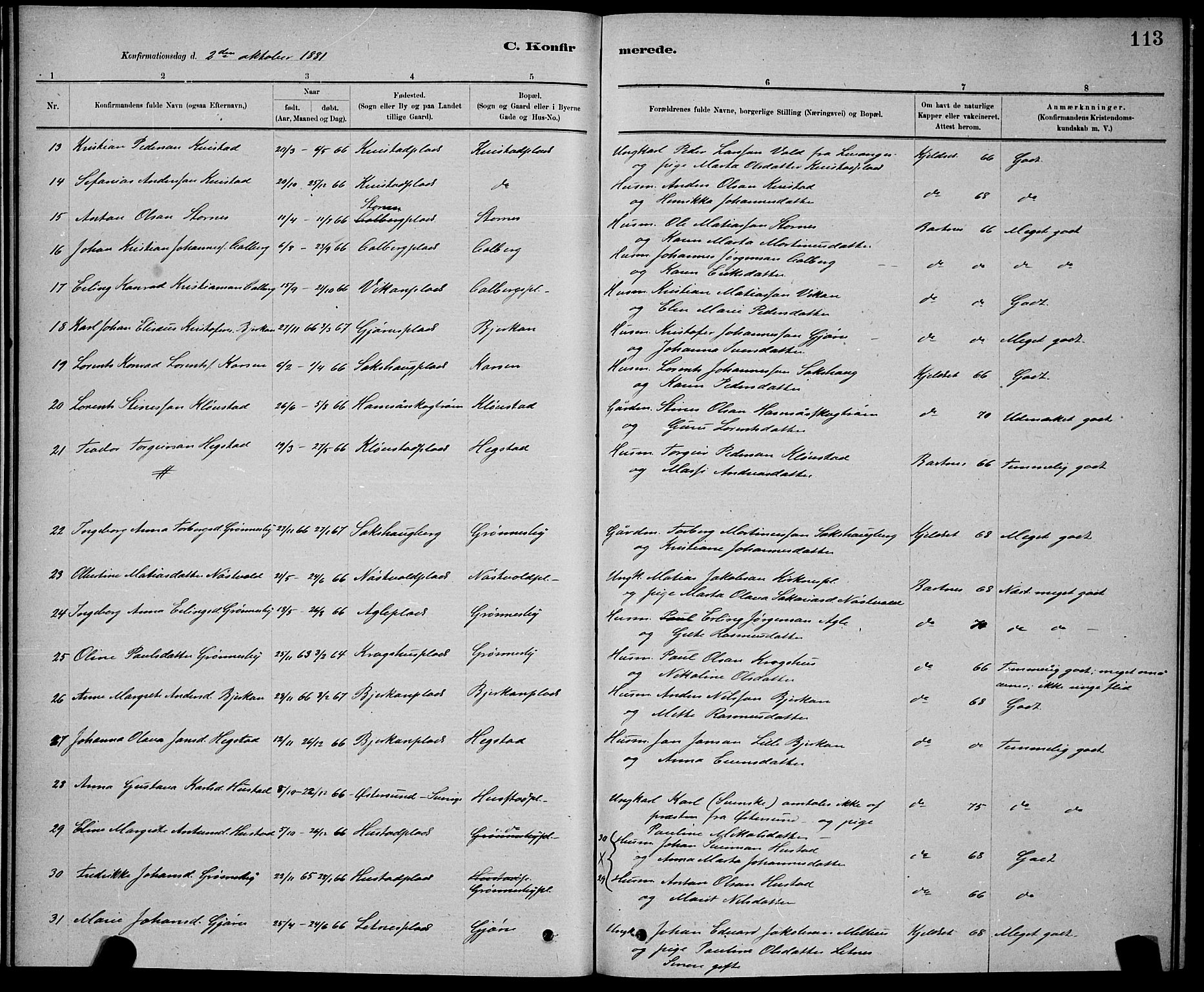 Ministerialprotokoller, klokkerbøker og fødselsregistre - Nord-Trøndelag, SAT/A-1458/730/L0301: Parish register (copy) no. 730C04, 1880-1897, p. 113