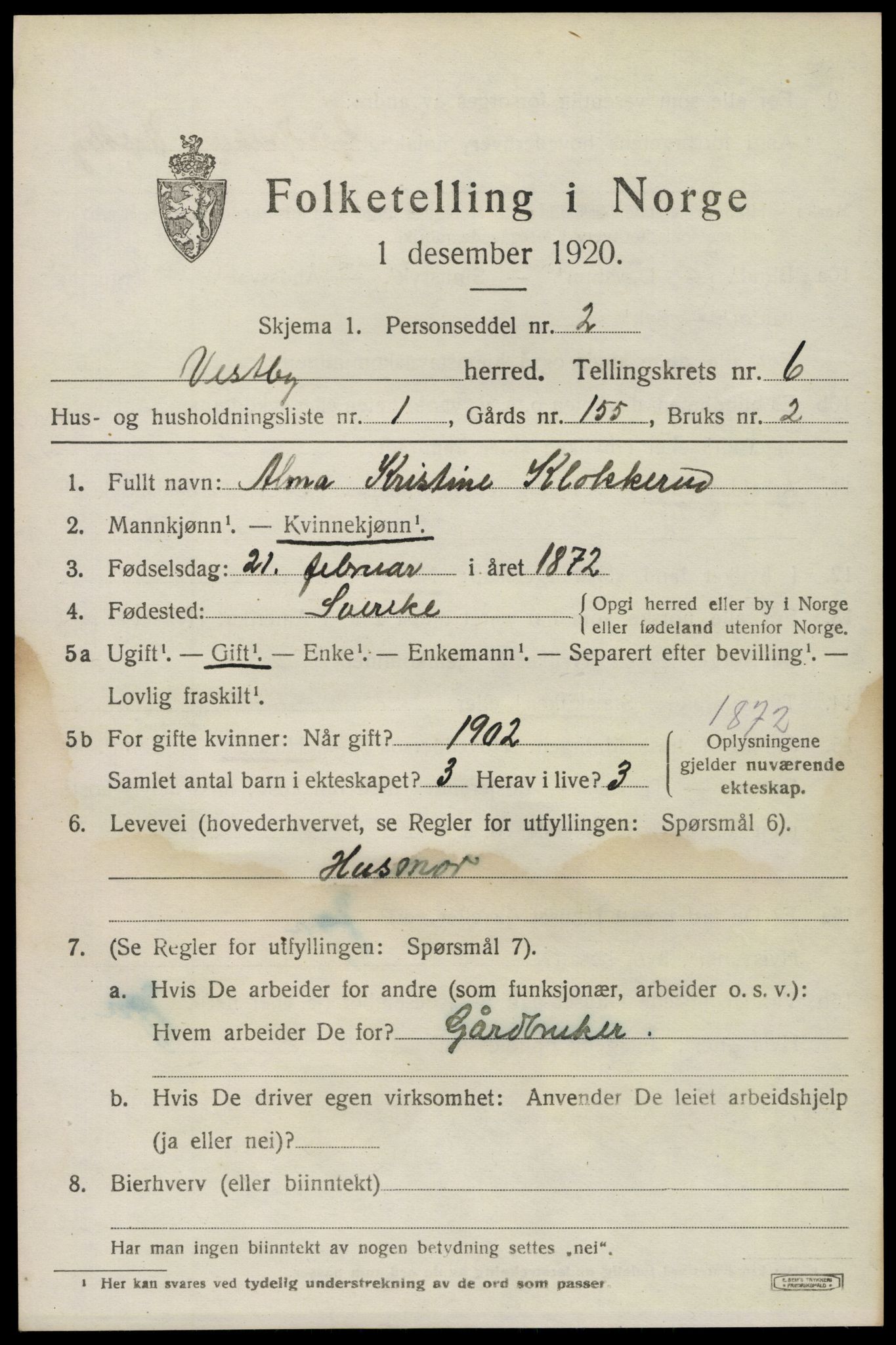 SAO, 1920 census for Vestby, 1920, p. 6819