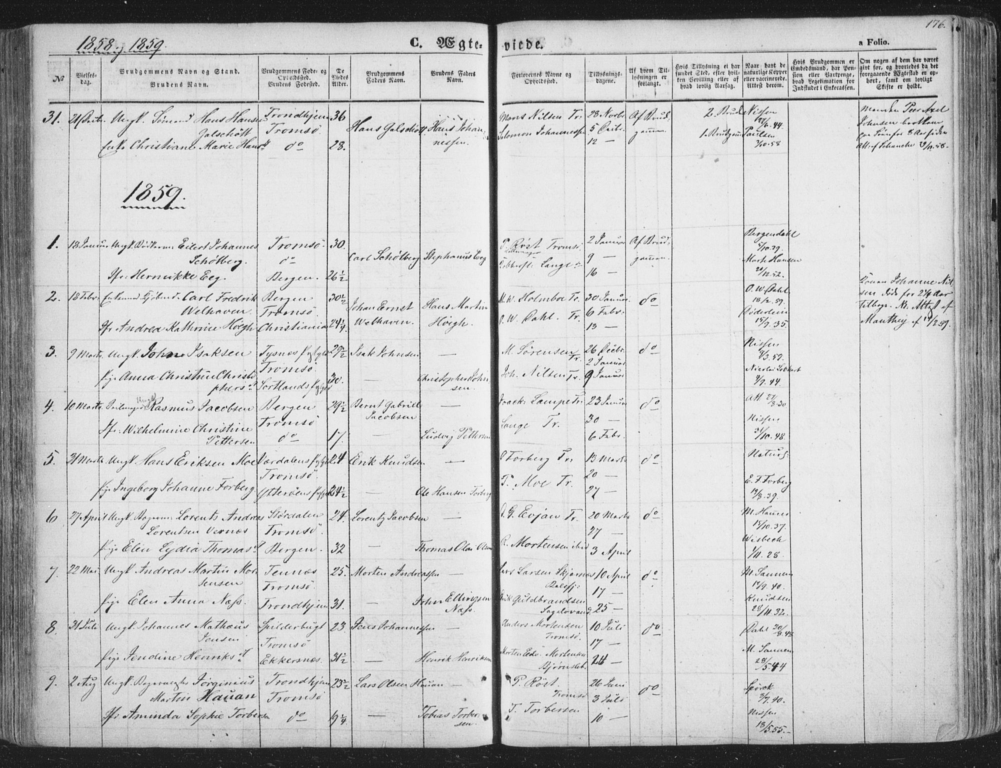 Tromsø sokneprestkontor/stiftsprosti/domprosti, SATØ/S-1343/G/Ga/L0011kirke: Parish register (official) no. 11, 1856-1865, p. 176