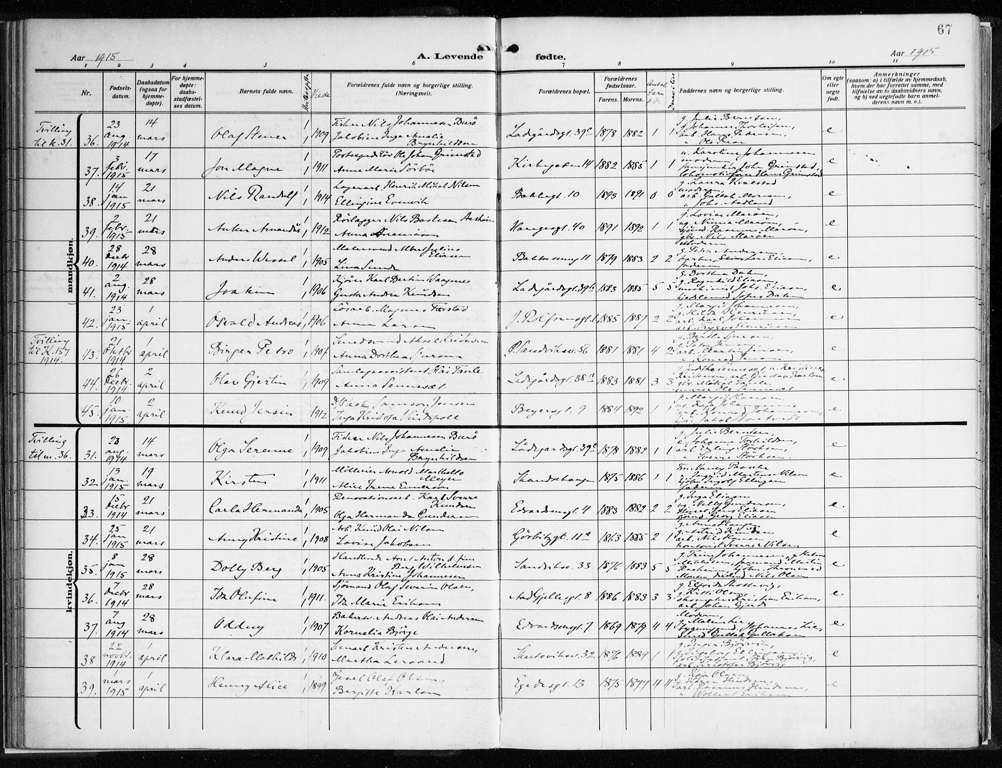 Sandviken Sokneprestembete, AV/SAB-A-77601/H/Ha/L0007: Parish register (official) no. B 4, 1912-1924, p. 67