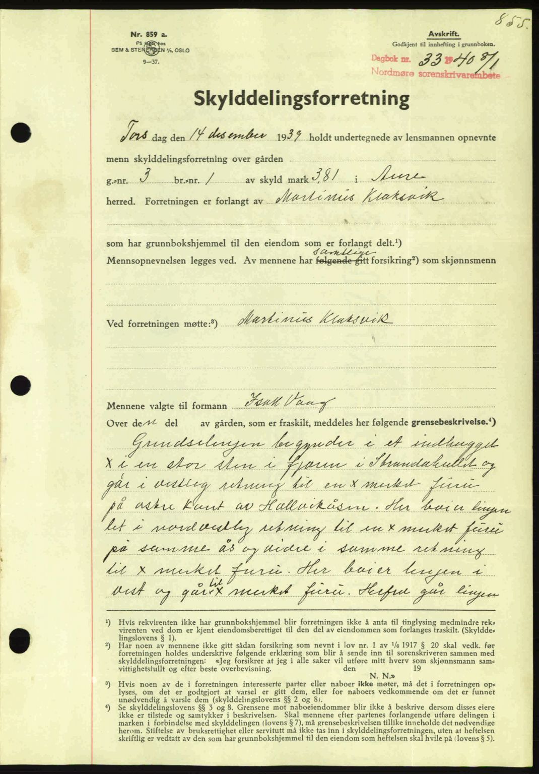 Nordmøre sorenskriveri, AV/SAT-A-4132/1/2/2Ca: Mortgage book no. A87, 1939-1940, Diary no: : 33/1940