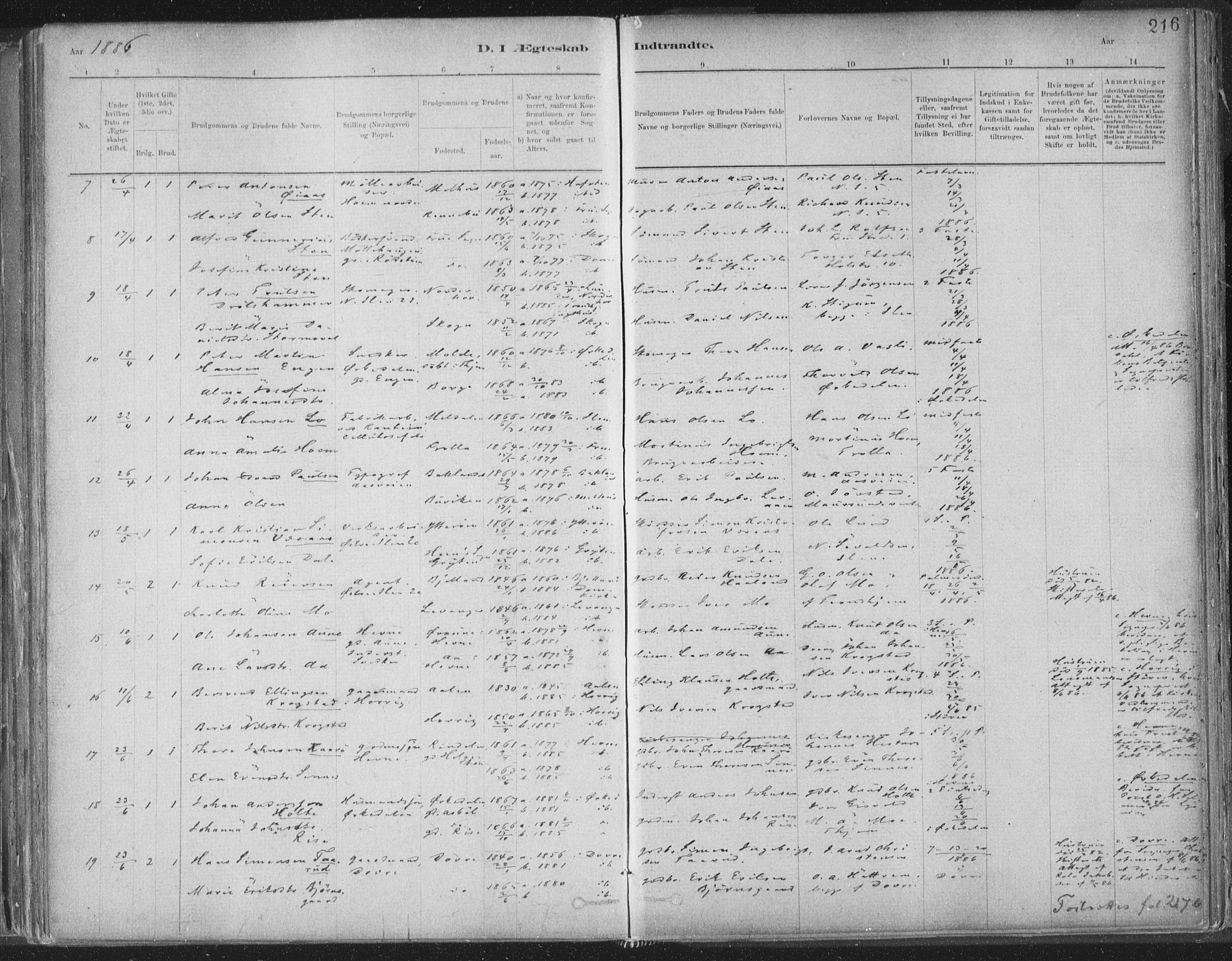 Ministerialprotokoller, klokkerbøker og fødselsregistre - Sør-Trøndelag, AV/SAT-A-1456/603/L0162: Parish register (official) no. 603A01, 1879-1895, p. 216