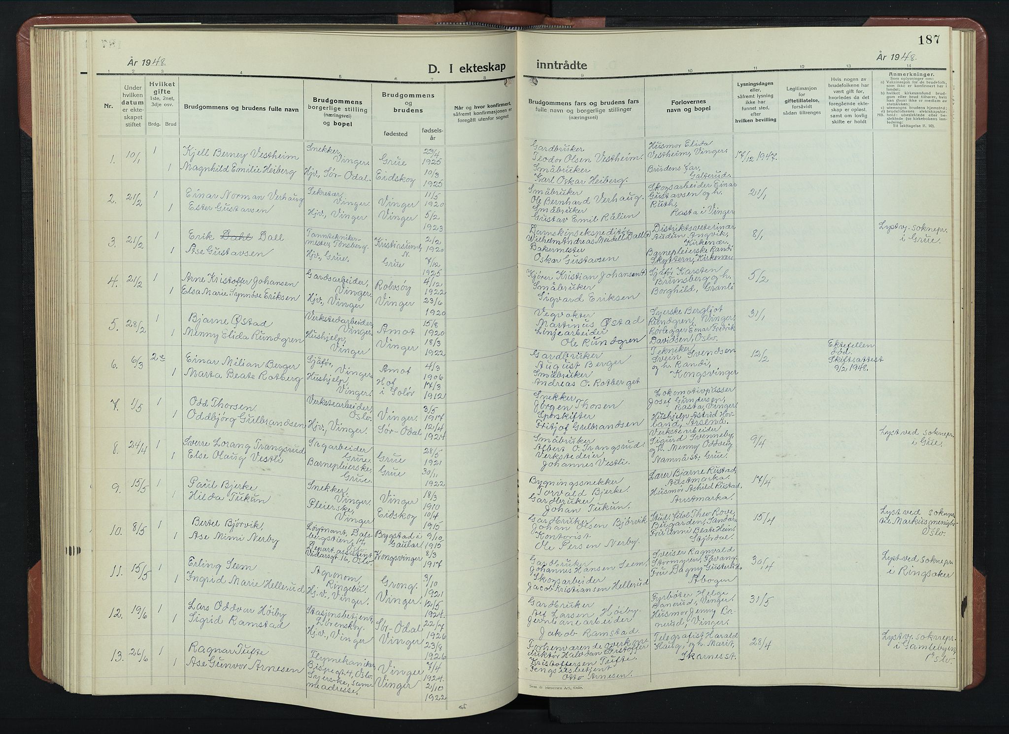 Vinger prestekontor, AV/SAH-PREST-024/H/Ha/Hab/L0007: Parish register (copy) no. 7, 1941-1955, p. 187