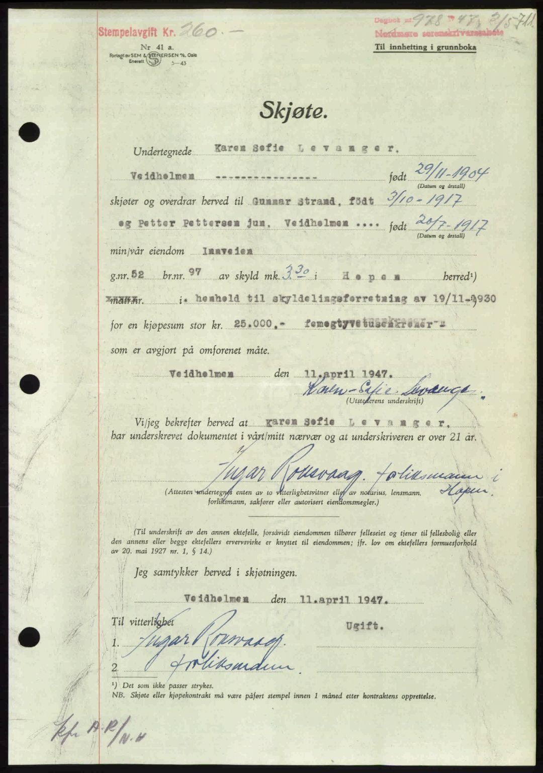 Nordmøre sorenskriveri, AV/SAT-A-4132/1/2/2Ca: Mortgage book no. A104, 1947-1947, Diary no: : 978/1947