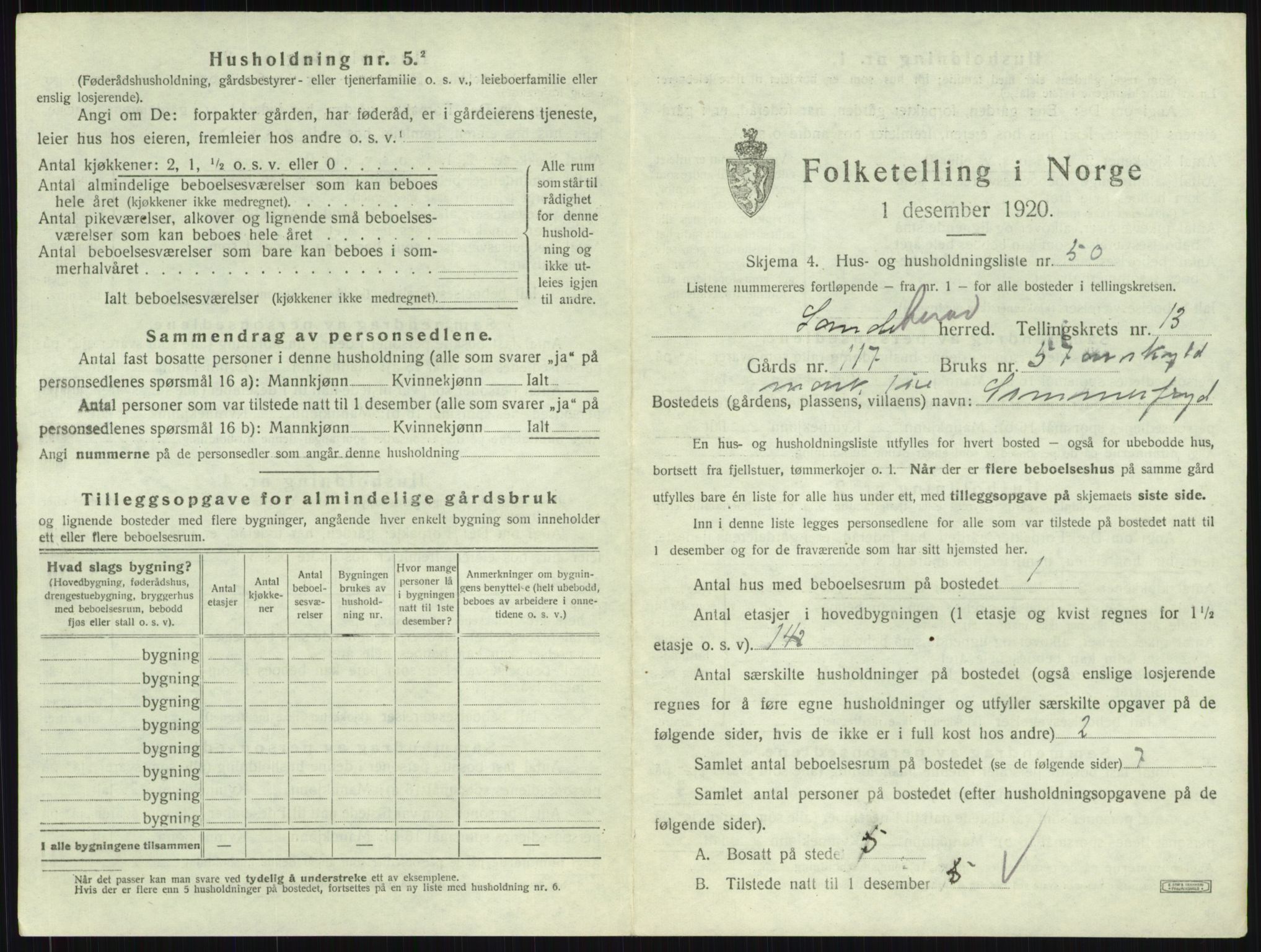 SAKO, 1920 census for Sandeherred, 1920, p. 2835