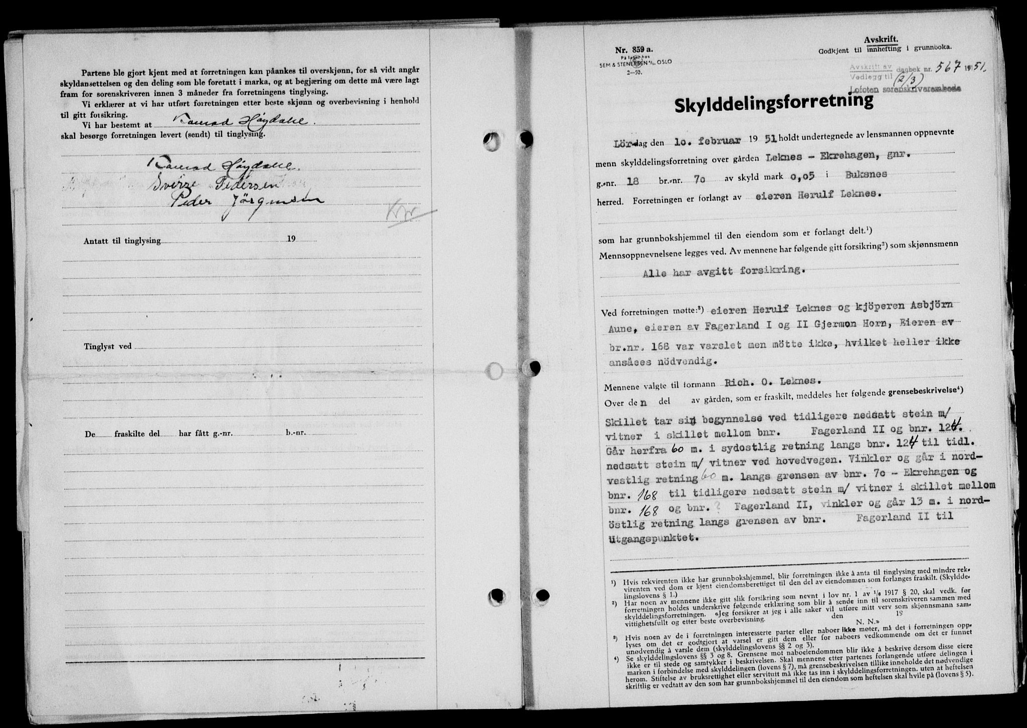 Lofoten sorenskriveri, SAT/A-0017/1/2/2C/L0025a: Mortgage book no. 25a, 1950-1951, Diary no: : 567/1951