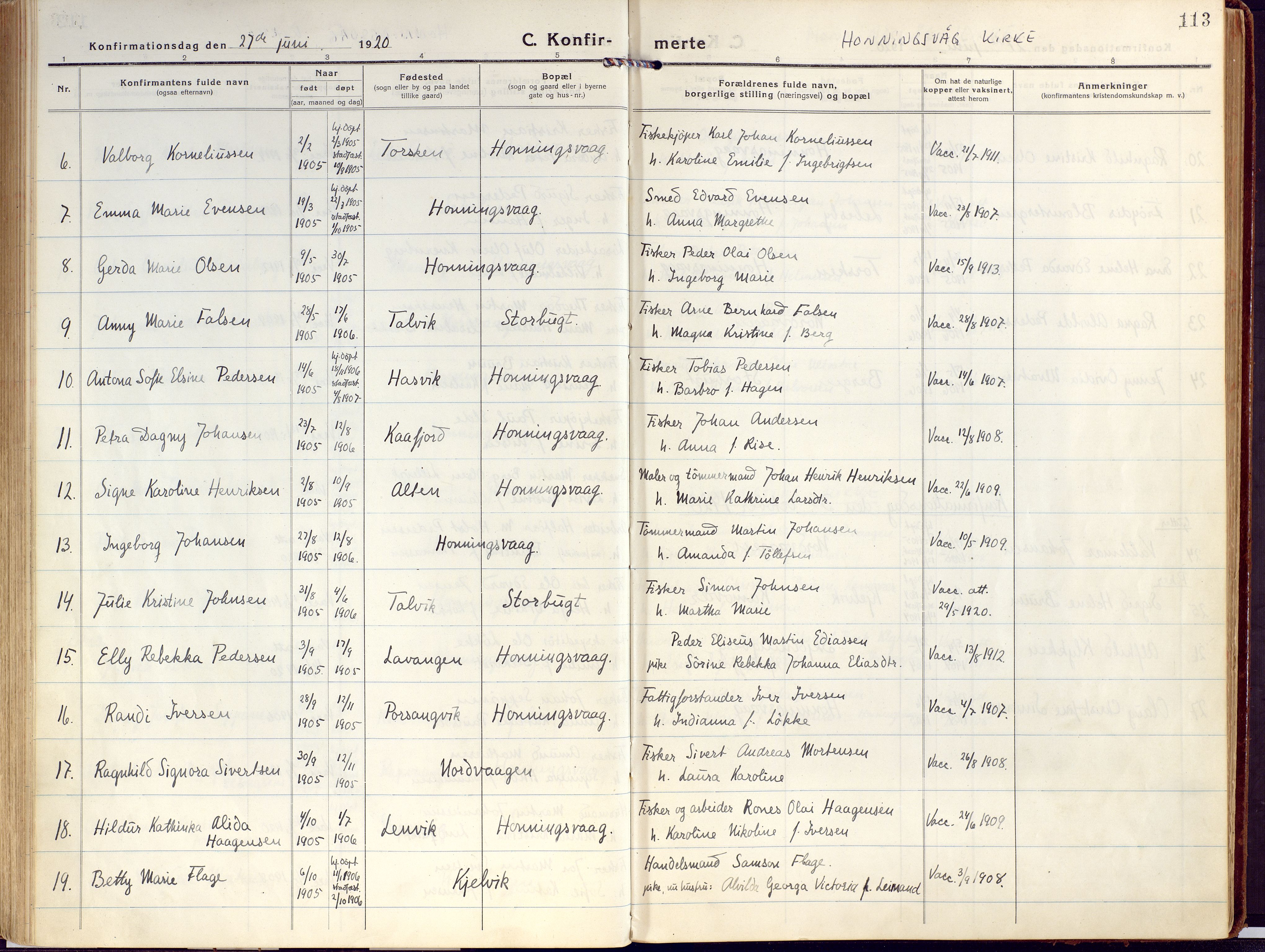 Kjelvik/Nordkapp sokneprestkontor, AV/SATØ-S-1350/H/Ha/L0002kirke: Parish register (official) no. 2, 1920-1929, p. 113