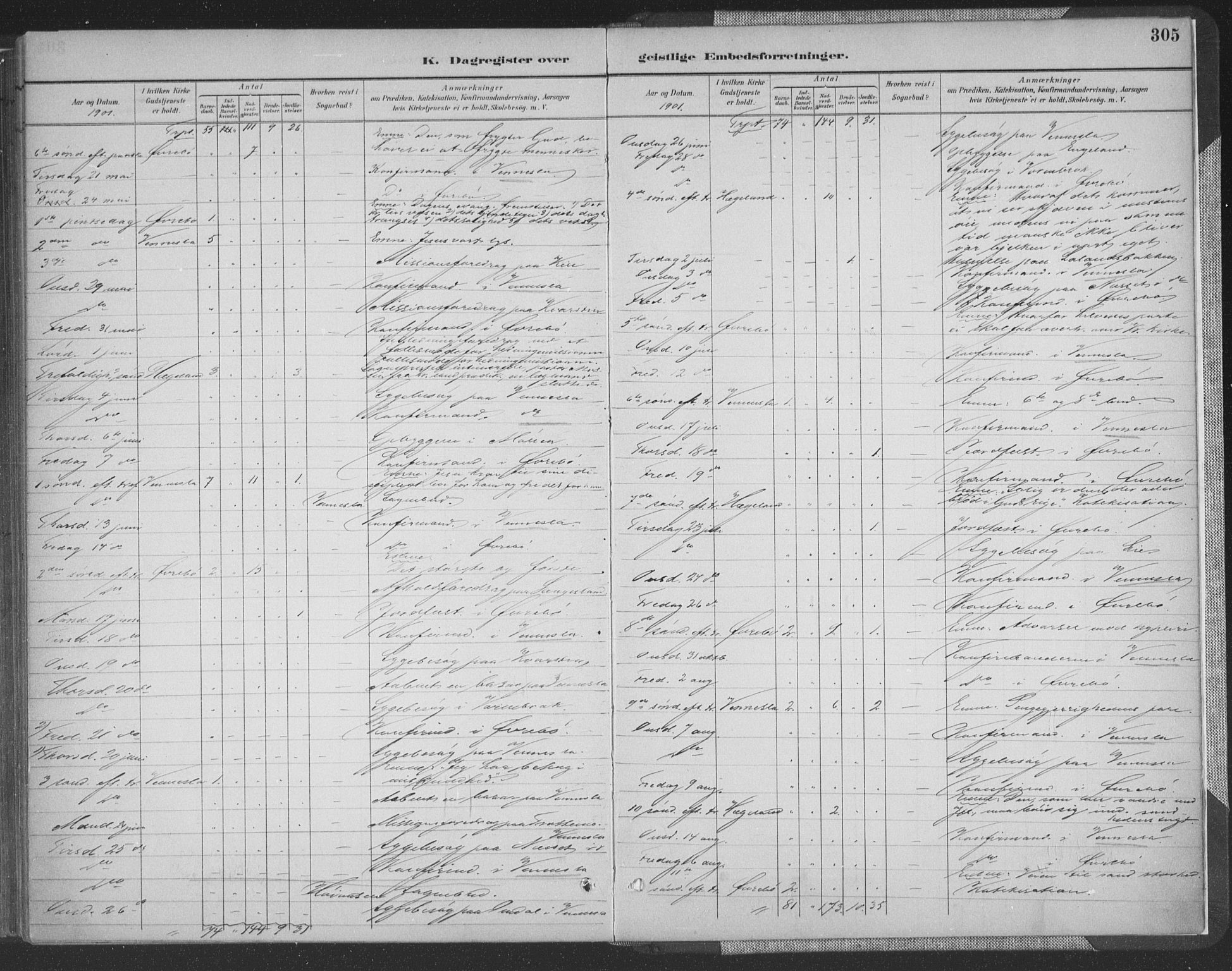 Vennesla sokneprestkontor, AV/SAK-1111-0045/Fa/Fac/L0009: Parish register (official) no. A 9, 1884-1901, p. 305