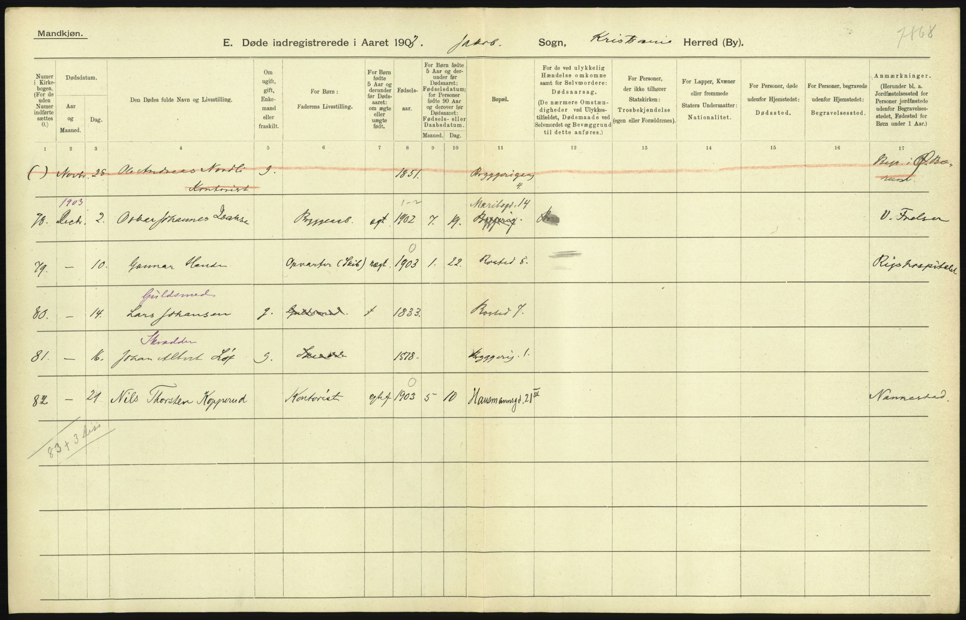 Statistisk sentralbyrå, Sosiodemografiske emner, Befolkning, AV/RA-S-2228/D/Df/Dfa/Dfaa/L0004: Kristiania: Gifte, døde, 1903, p. 227