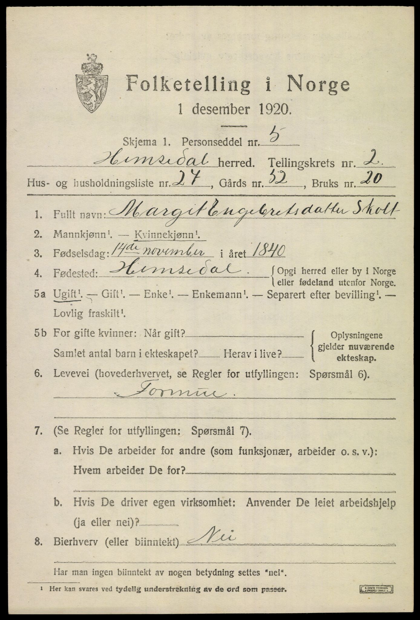 SAKO, 1920 census for Hemsedal, 1920, p. 978