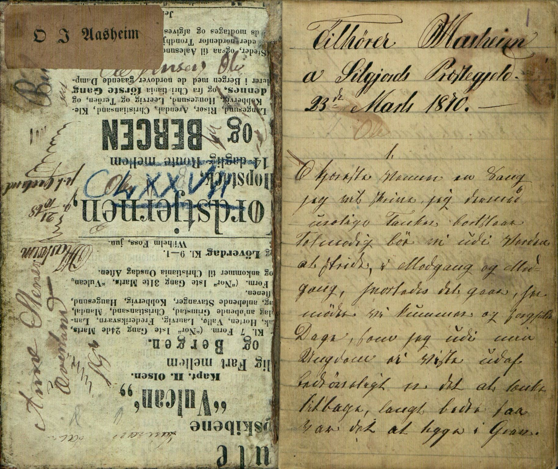 Rikard Berge, TEMU/TGM-A-1003/F/L0005/0018: 160-200 / 177 Handskriven visebok. Tilhører Aasheim af Sigjords Præstegjeld, 1870. Vise, 1870, p. 1