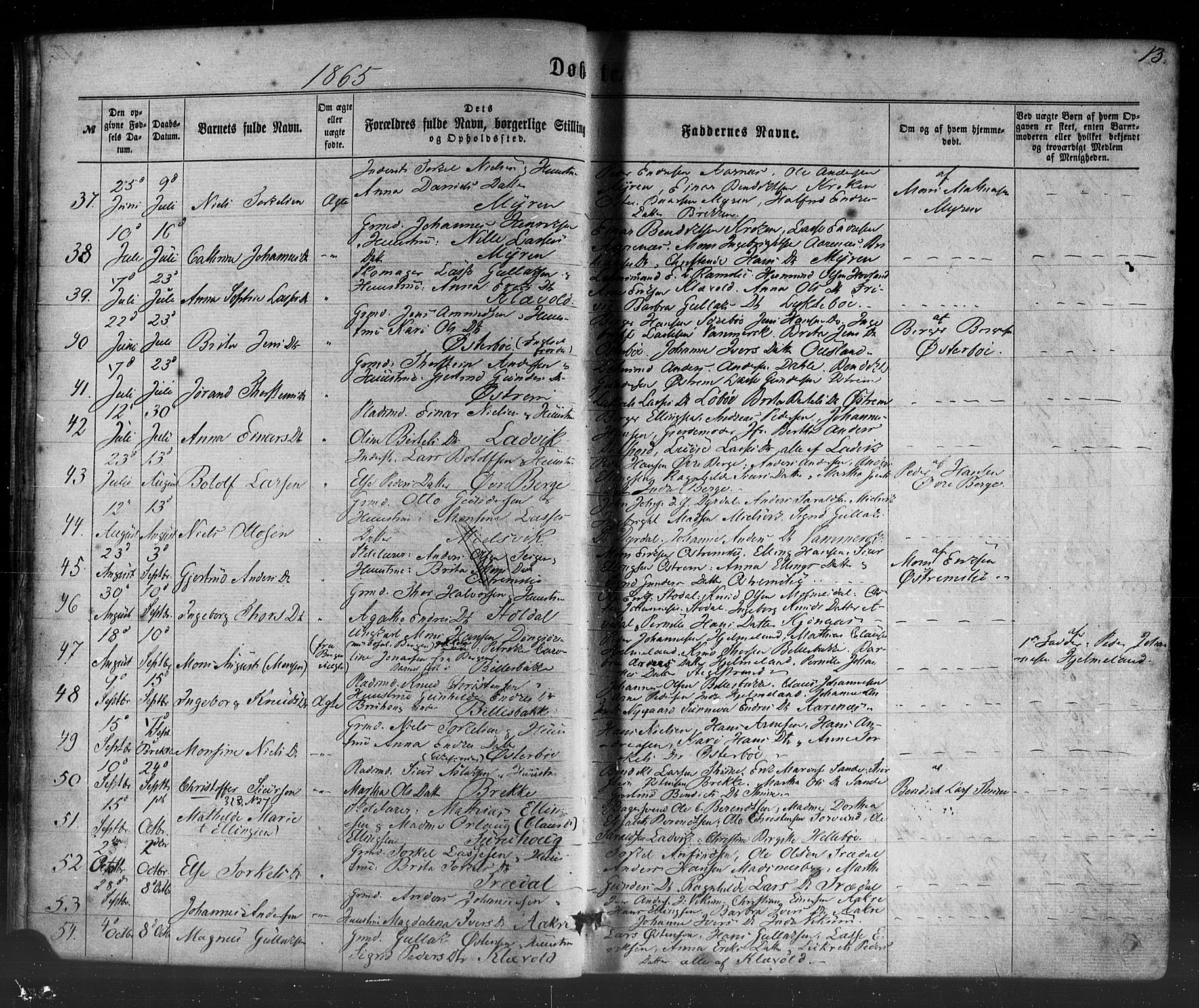 Lavik sokneprestembete, AV/SAB-A-80901: Parish register (official) no. A 4, 1864-1881, p. 13