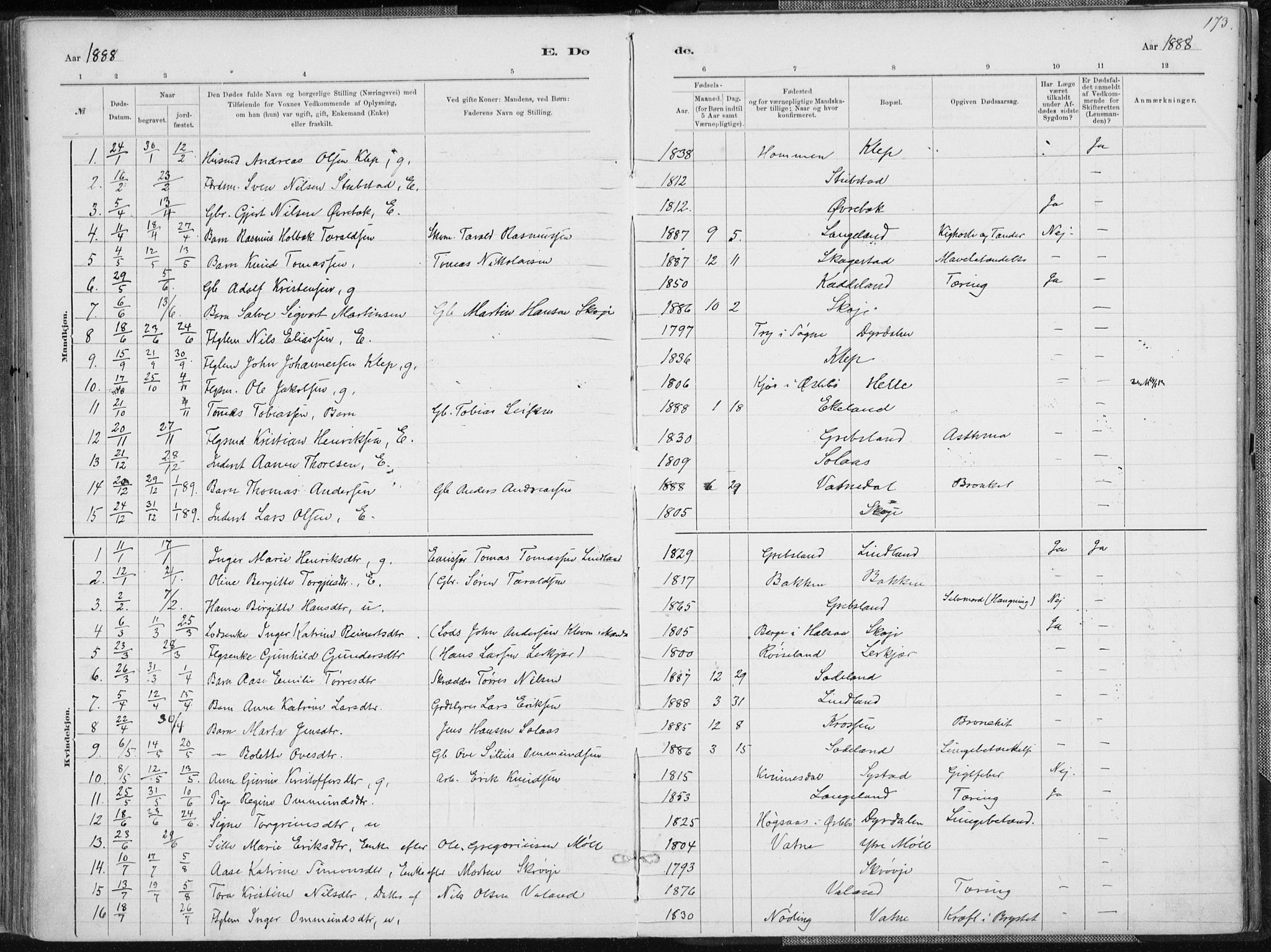 Holum sokneprestkontor, SAK/1111-0022/F/Fa/Faa/L0007: Parish register (official) no. A 7, 1884-1907, p. 173