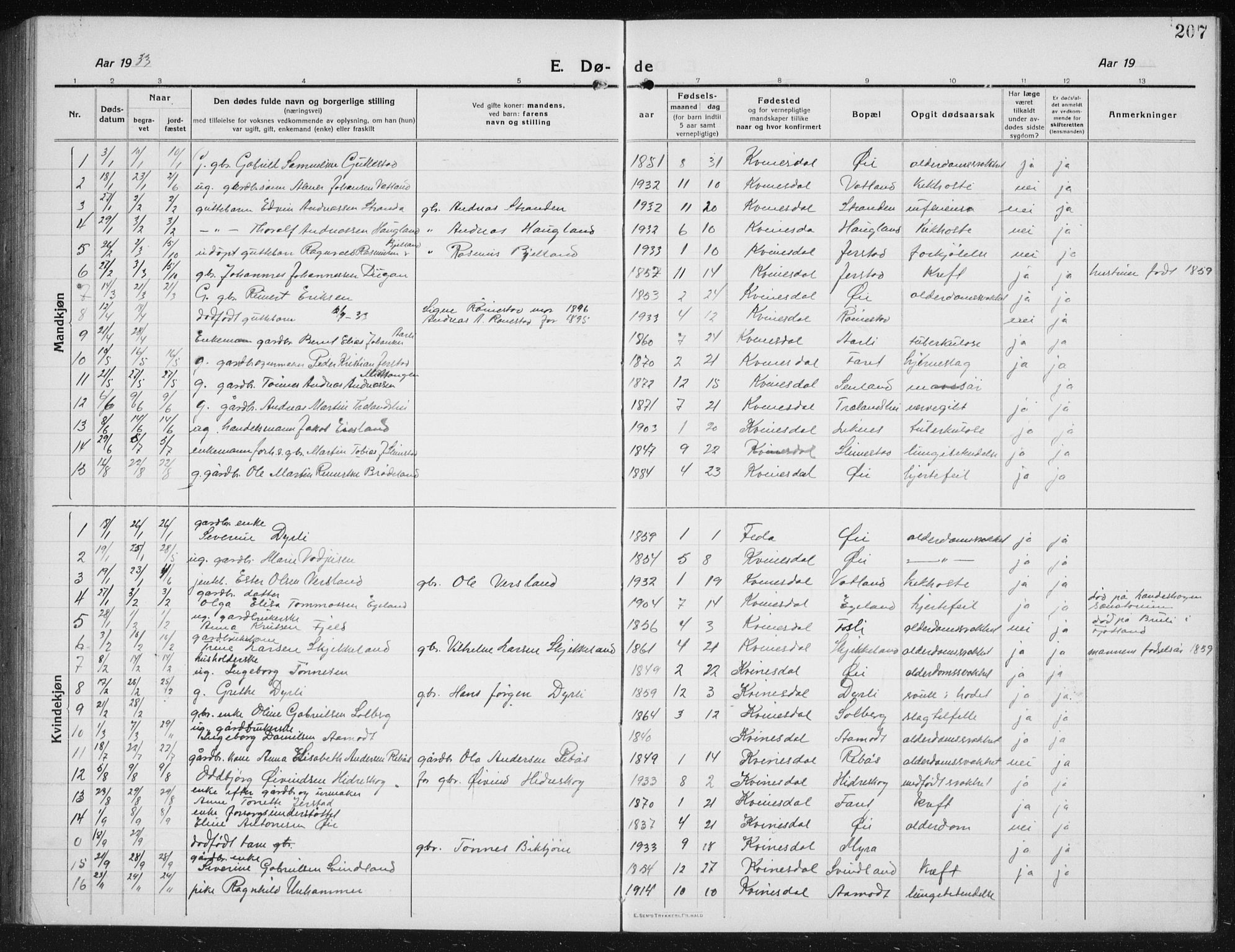 Kvinesdal sokneprestkontor, SAK/1111-0026/F/Fb/Fbb/L0004: Parish register (copy) no. B 4, 1917-1938, p. 207