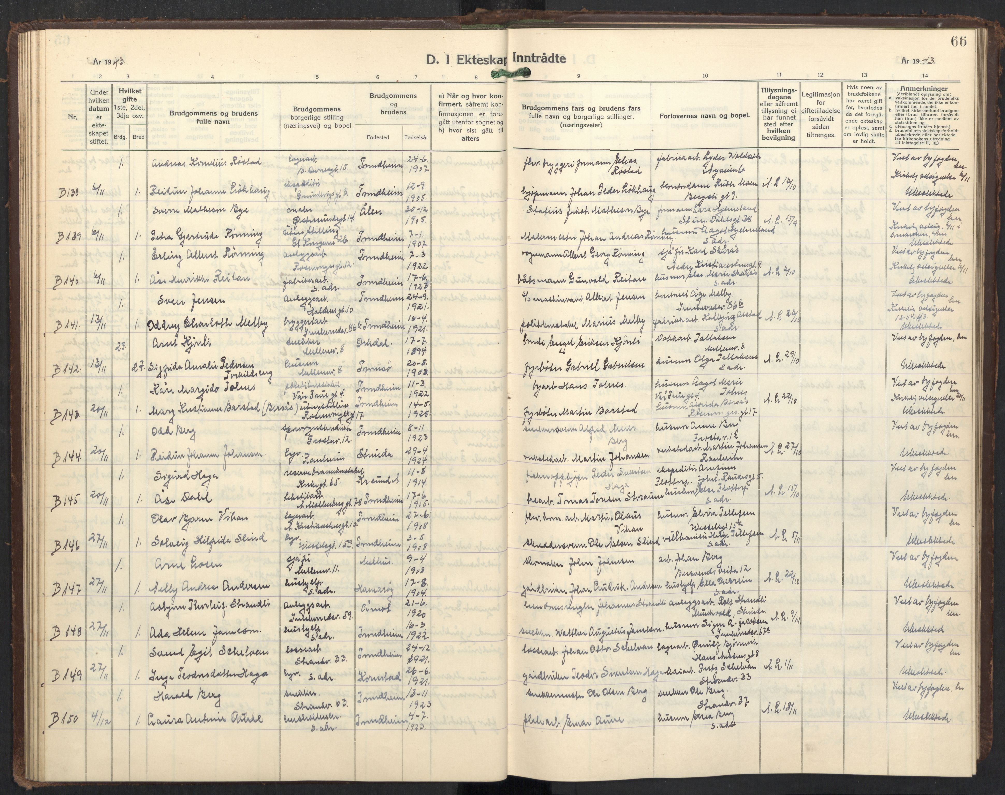 Ministerialprotokoller, klokkerbøker og fødselsregistre - Sør-Trøndelag, AV/SAT-A-1456/605/L0263: Parish register (copy) no. 605C10, 1938-1949, p. 66