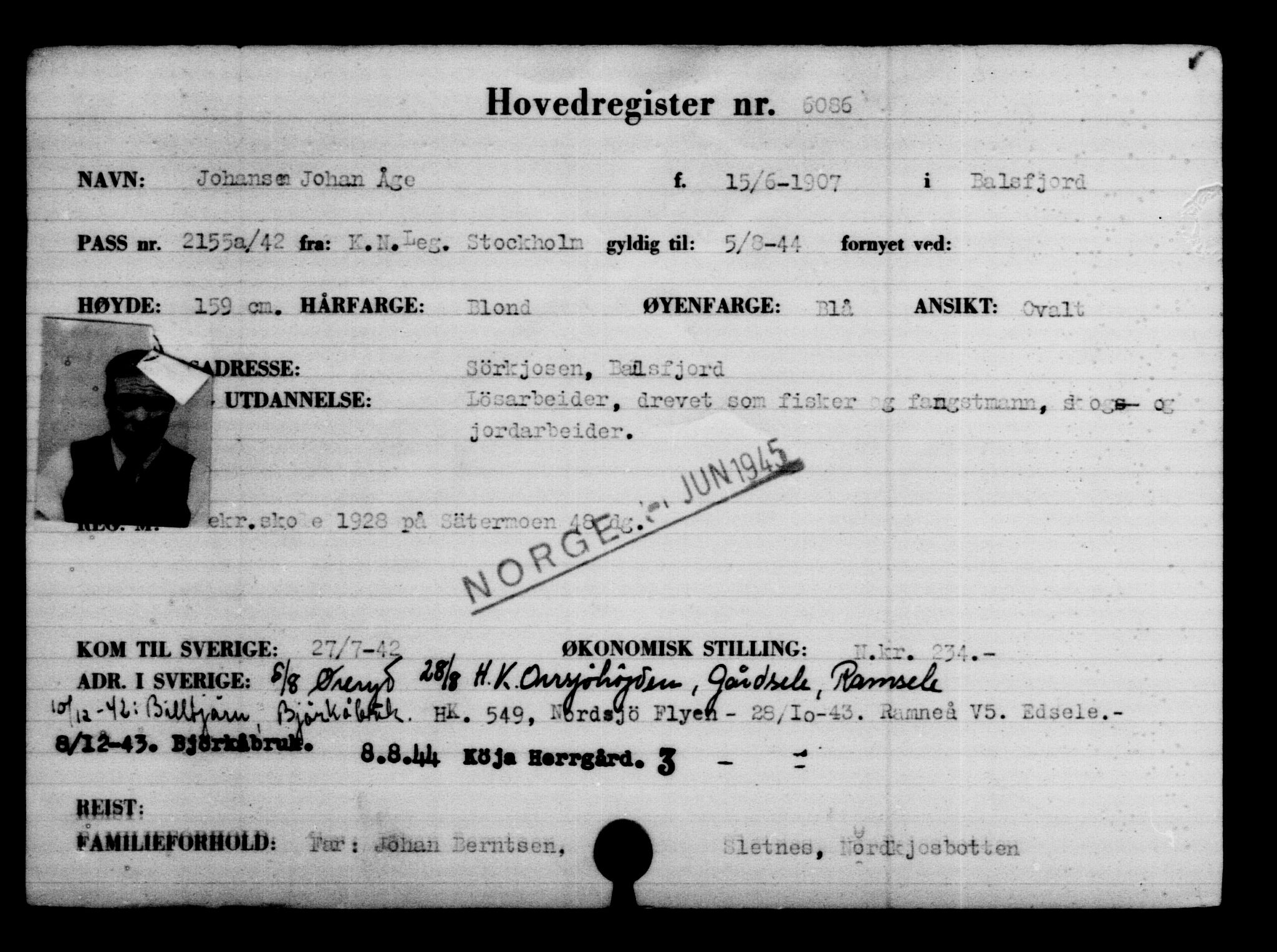 Utenriksstasjonene, Legasjonen i Stockholm, Flyktningkontoret, AV/RA-S-6753/V/Va/L0004: Kjesäterkartoteket, flyktninger med registreringsnr. 3496-6610, 1940-1945, p. 3035