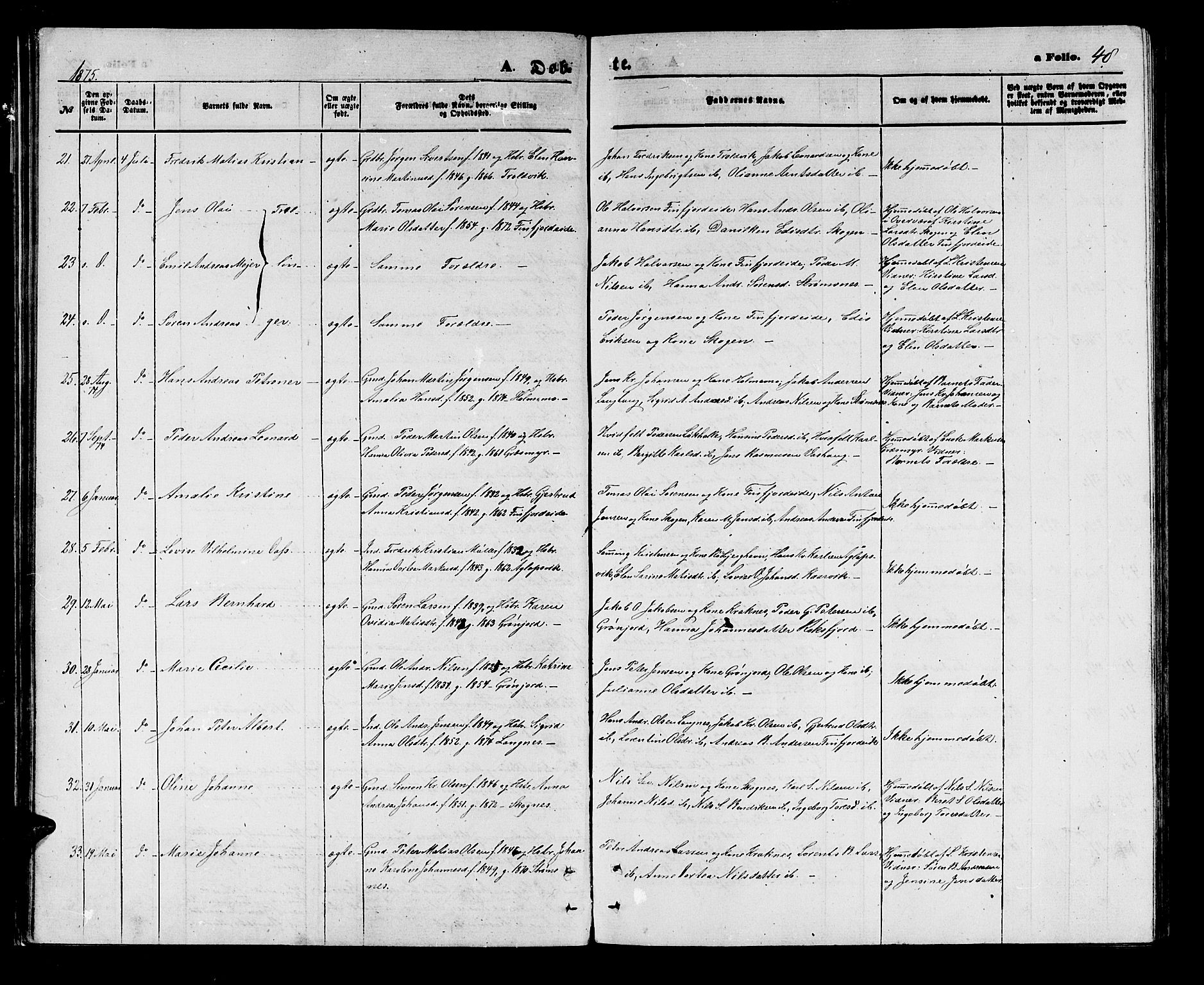 Lenvik sokneprestembete, SATØ/S-1310/H/Ha/Hab/L0005klokker: Parish register (copy) no. 5, 1870-1880, p. 48