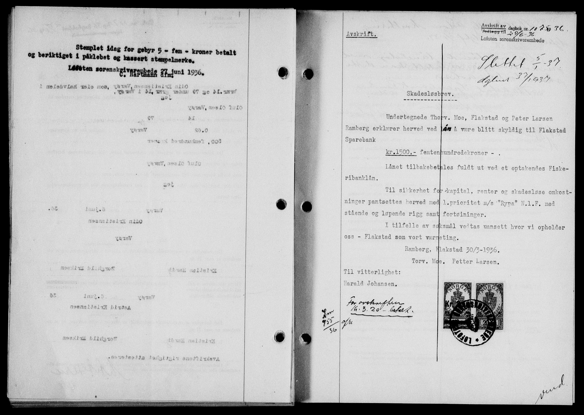 Lofoten sorenskriveri, SAT/A-0017/1/2/2C/L0033b: Mortgage book no. 33b, 1936-1936, Diary no: : 1075/1936
