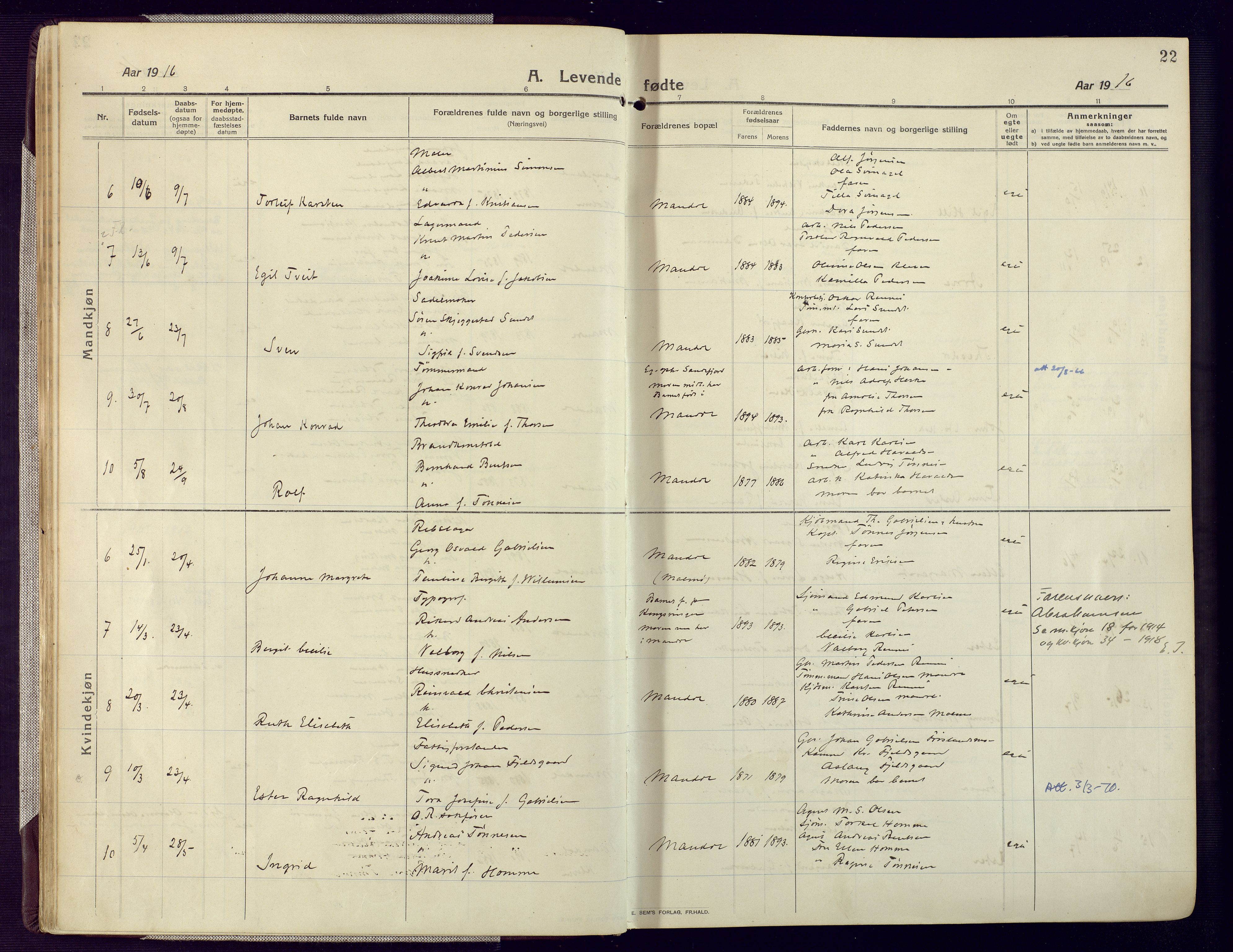 Mandal sokneprestkontor, AV/SAK-1111-0030/F/Fa/Fac/L0001: Parish register (official) no. A 1, 1913-1925, p. 22