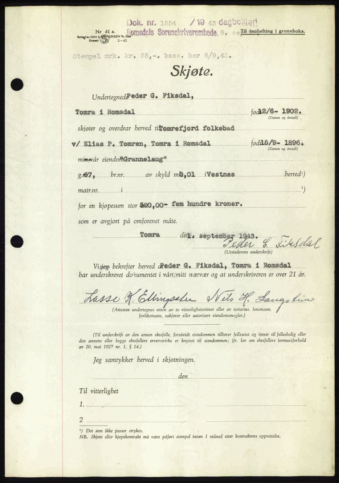 Romsdal sorenskriveri, AV/SAT-A-4149/1/2/2C: Mortgage book no. A14, 1943-1943, Diary no: : 1554/1943