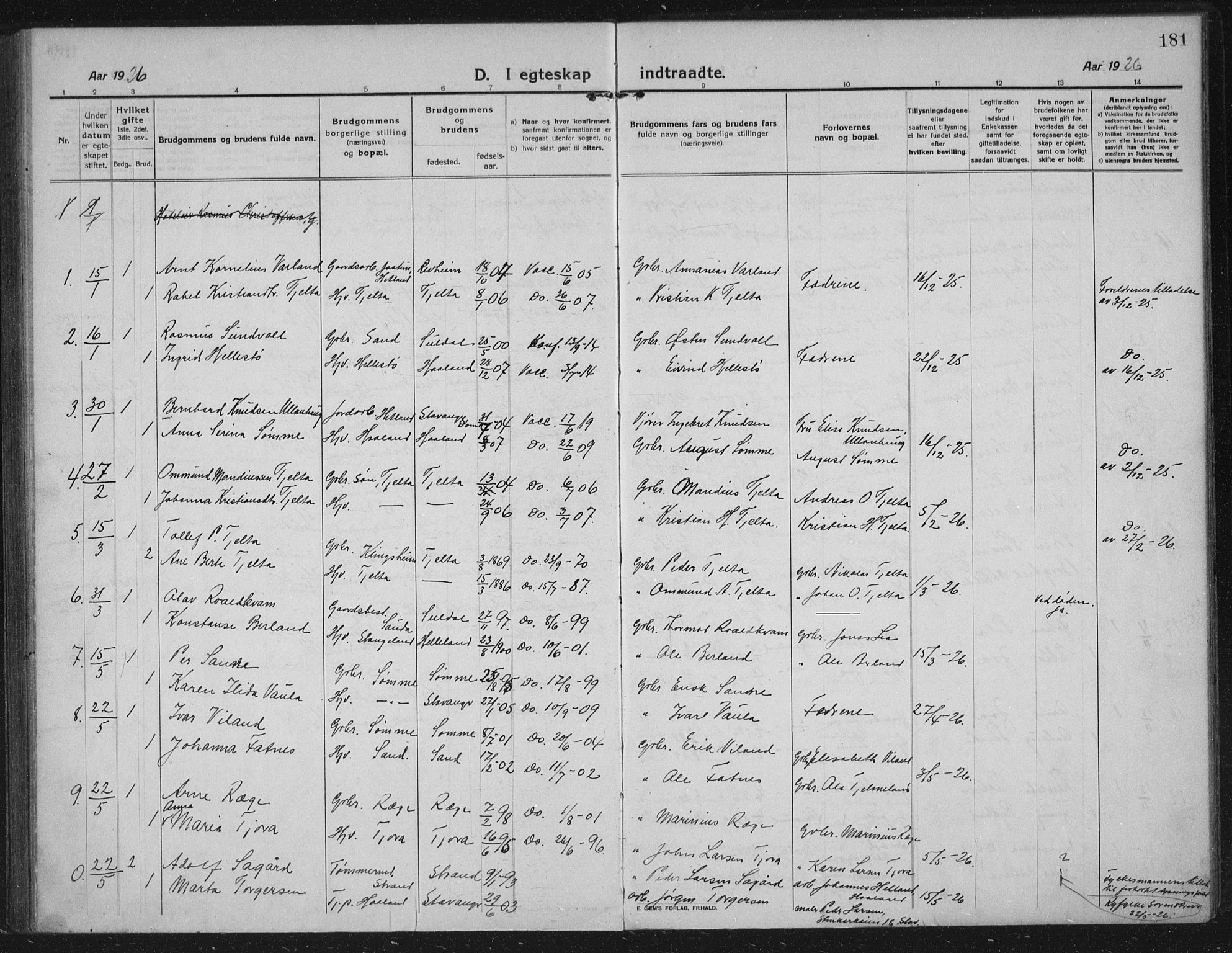 Håland sokneprestkontor, AV/SAST-A-101802/002/C/L0001: Parish register (official) no. A 14, 1913-1927, p. 181