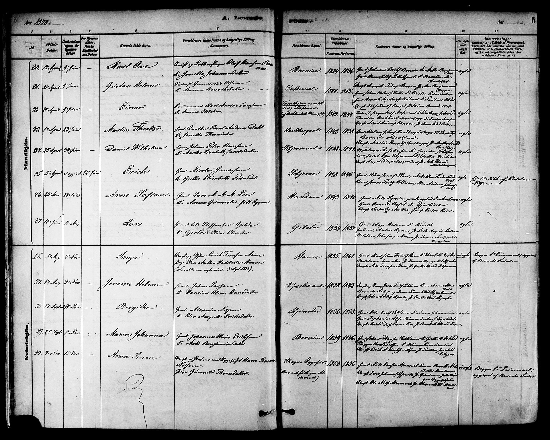Ministerialprotokoller, klokkerbøker og fødselsregistre - Nord-Trøndelag, SAT/A-1458/717/L0159: Parish register (official) no. 717A09, 1878-1898, p. 5