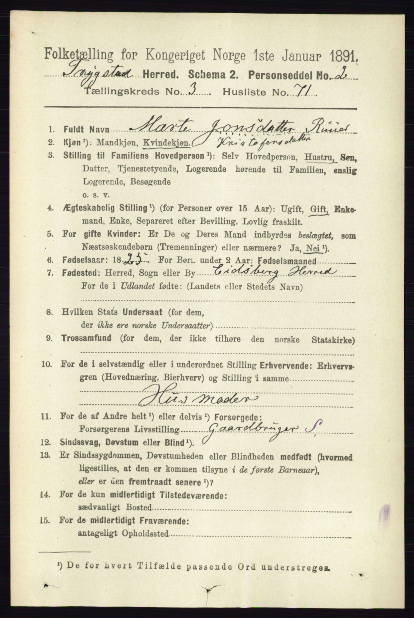 RA, 1891 Census for 0122 Trøgstad, 1891, p. 1498