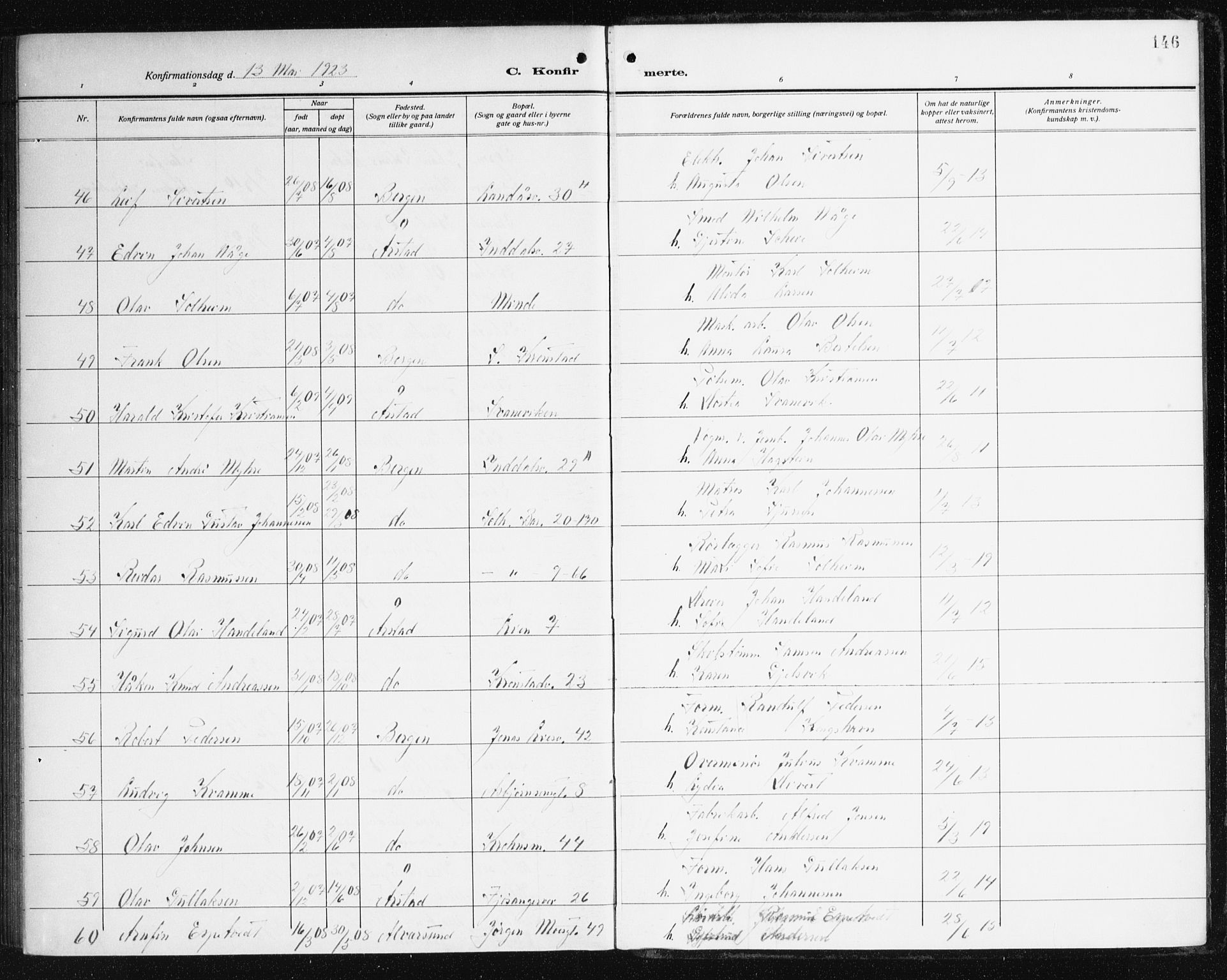 Årstad Sokneprestembete, AV/SAB-A-79301/H/Haa/L0008: Parish register (official) no. B 3, 1914-1923, p. 146