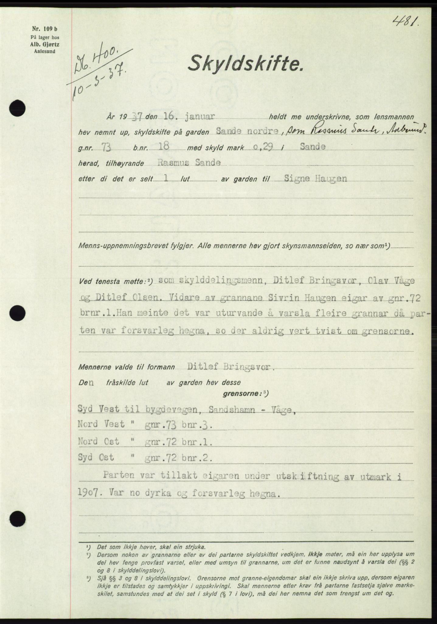 Søre Sunnmøre sorenskriveri, SAT/A-4122/1/2/2C/L0062: Mortgage book no. 56, 1936-1937, Diary no: : 400/1937