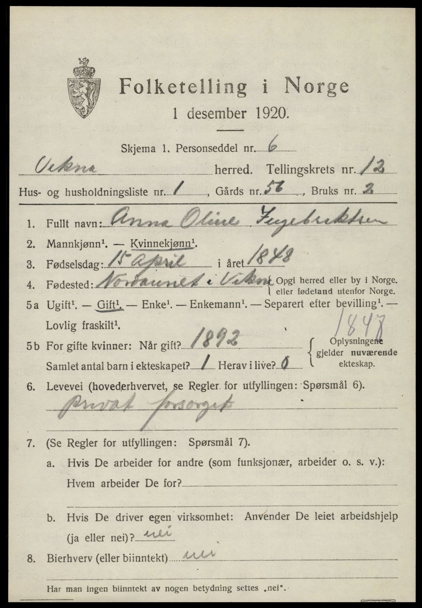 SAT, 1920 census for Vikna, 1920, p. 7725