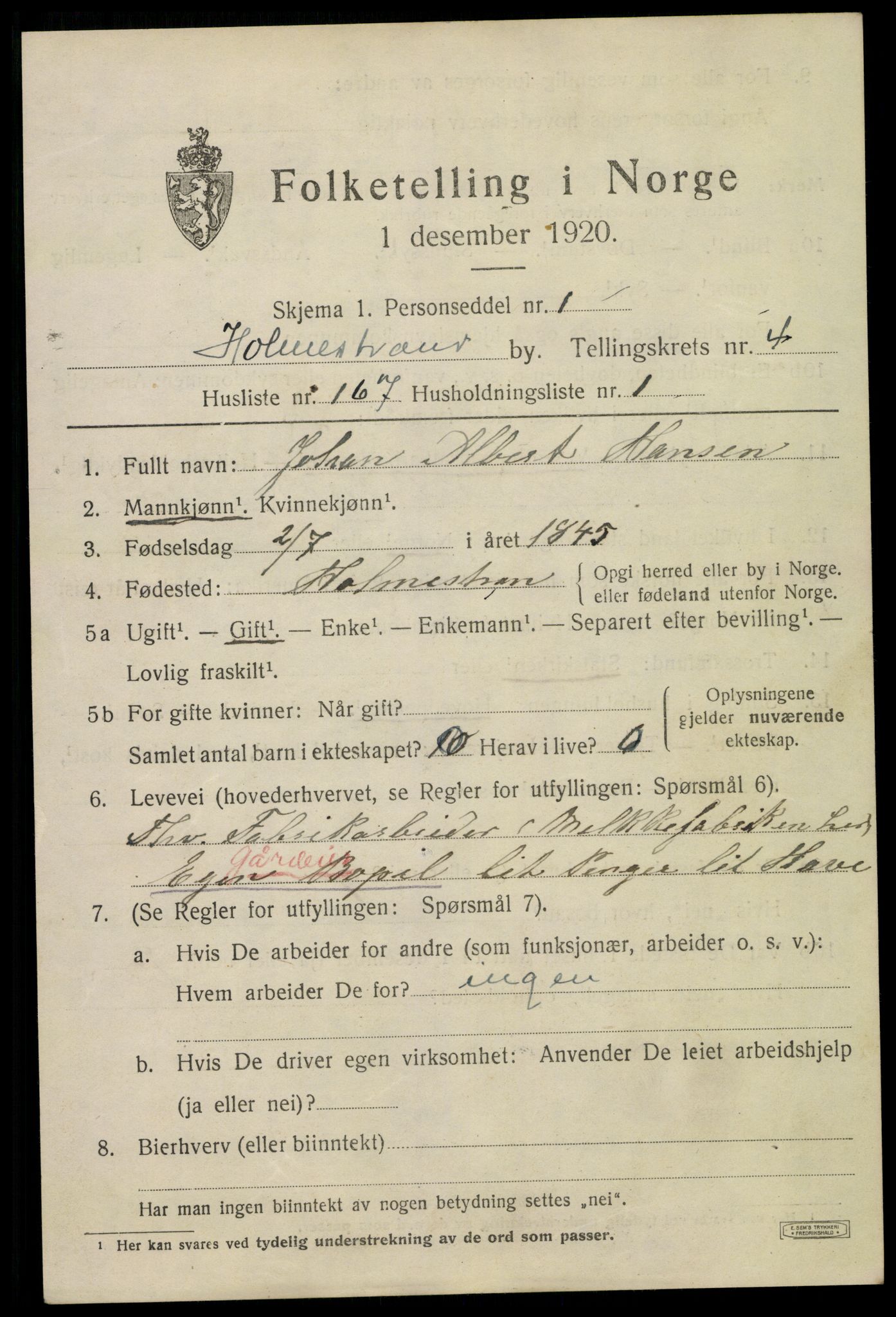 SAKO, 1920 census for Holmestrand, 1920, p. 5092