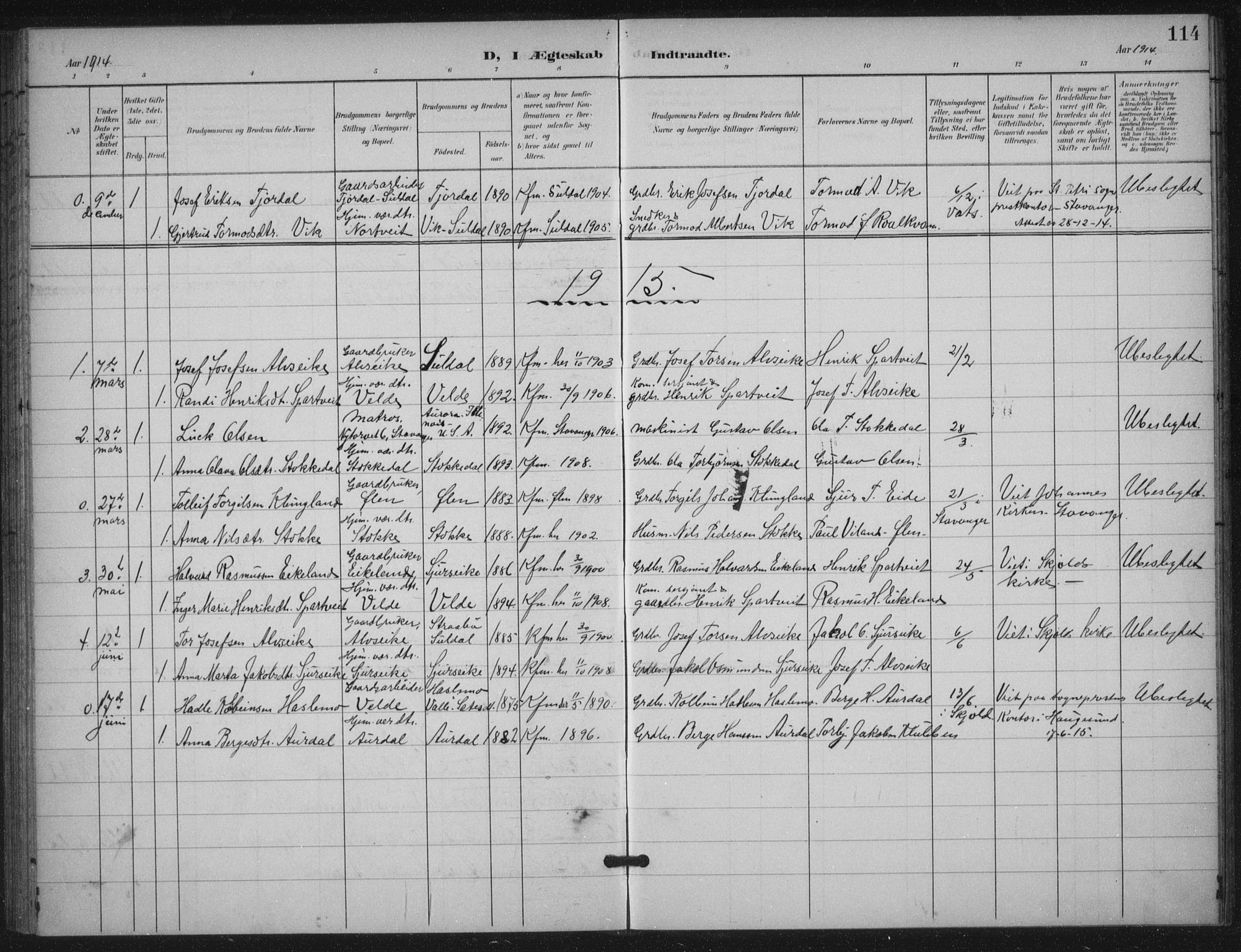 Skjold sokneprestkontor, AV/SAST-A-101847/H/Ha/Haa/L0012: Parish register (official) no. A 12, 1899-1915, p. 114