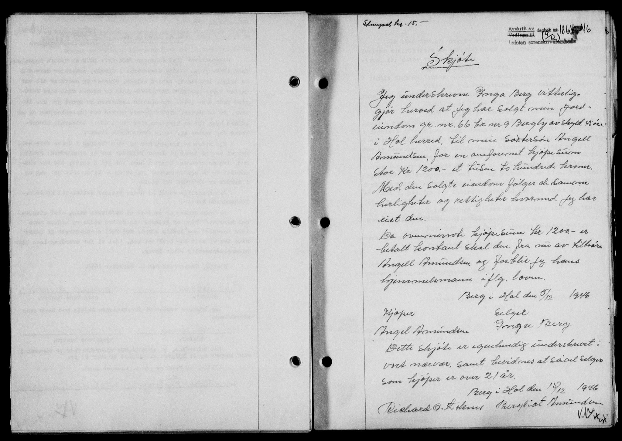 Lofoten sorenskriveri, SAT/A-0017/1/2/2C/L0015a: Mortgage book no. 15a, 1946-1947, Diary no: : 1864/1946