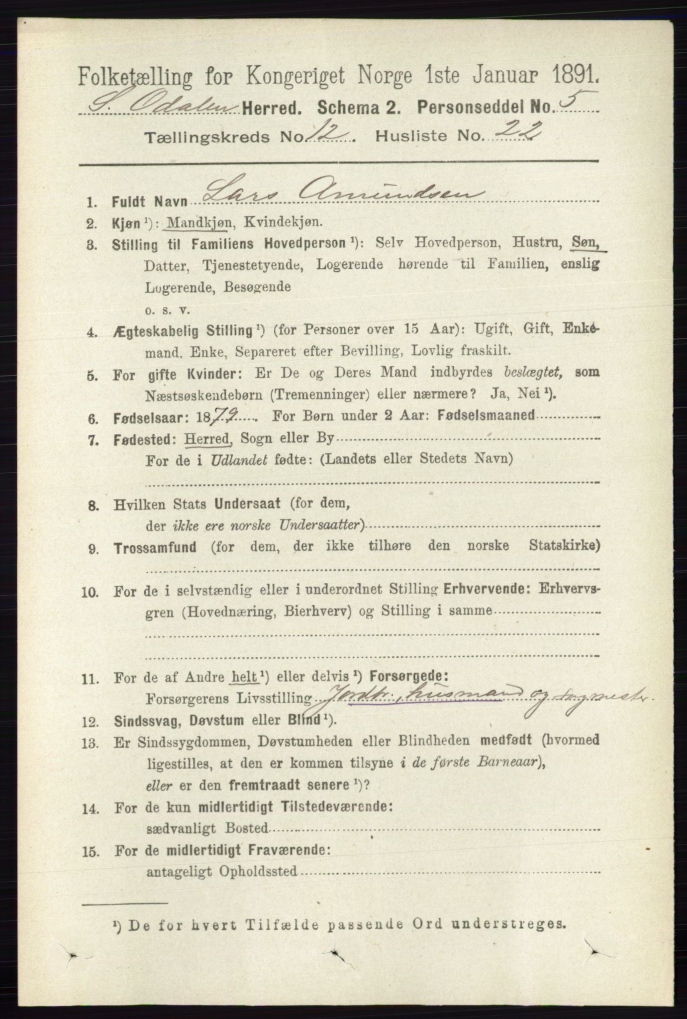 RA, 1891 census for 0419 Sør-Odal, 1891, p. 5489