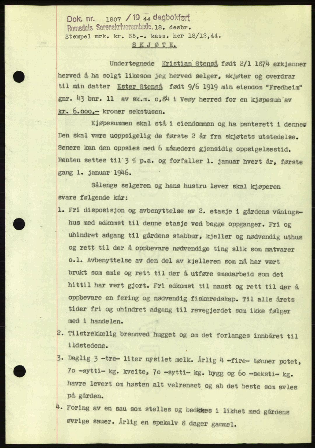 Romsdal sorenskriveri, AV/SAT-A-4149/1/2/2C: Mortgage book no. A17, 1944-1945, Diary no: : 1807/1944