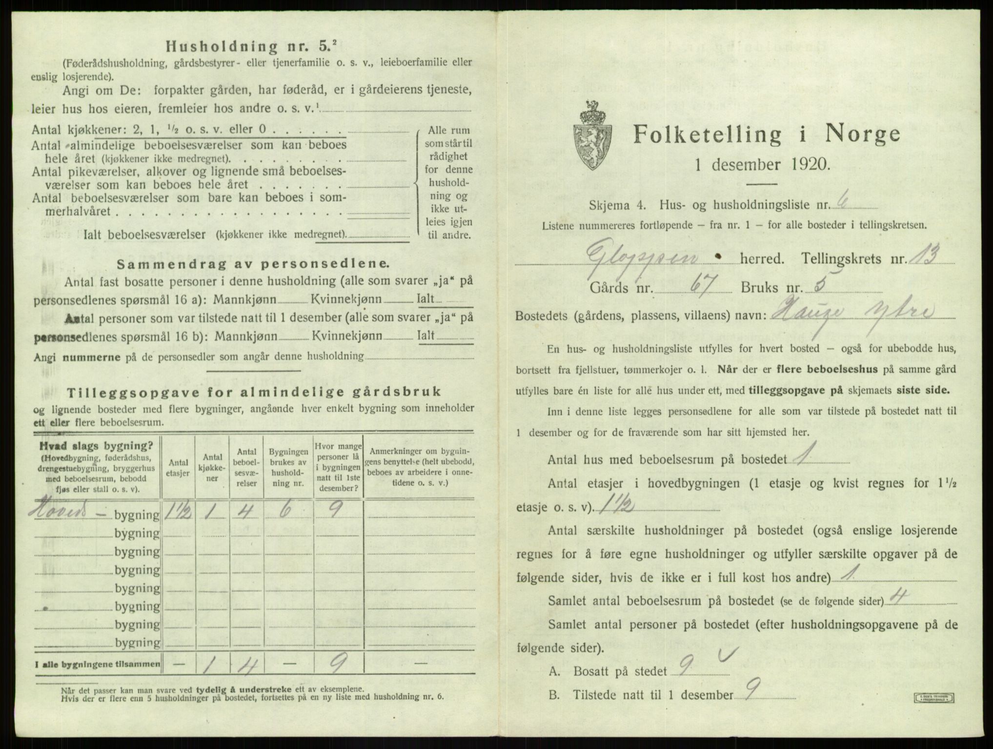 SAB, 1920 census for Gloppen, 1920, p. 843